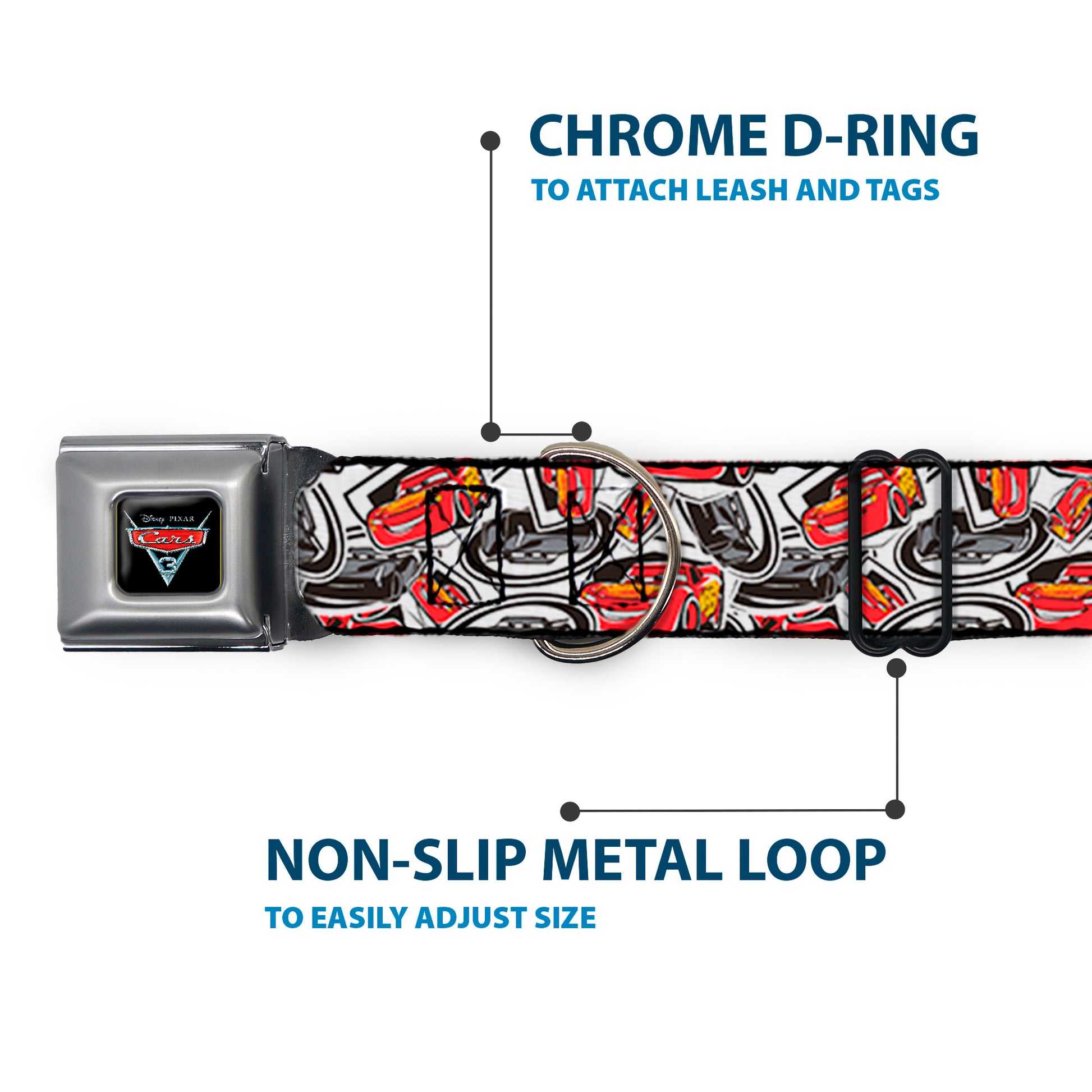 CARS 3 Emblem Full Color Black Silver Red Seatbelt Buckle Collar - Cars 3 Lightning McQueen/Storm Jackson Poses Scattered White Seatbelt Buckle Collars Disney