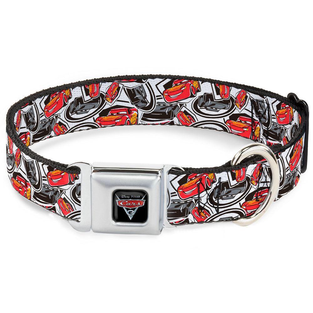 CARS 3 Emblem Full Color Black Silver Red Seatbelt Buckle Collar - Cars 3 Lightning McQueen/Storm Jackson Poses Scattered White Seatbelt Buckle Collars Disney