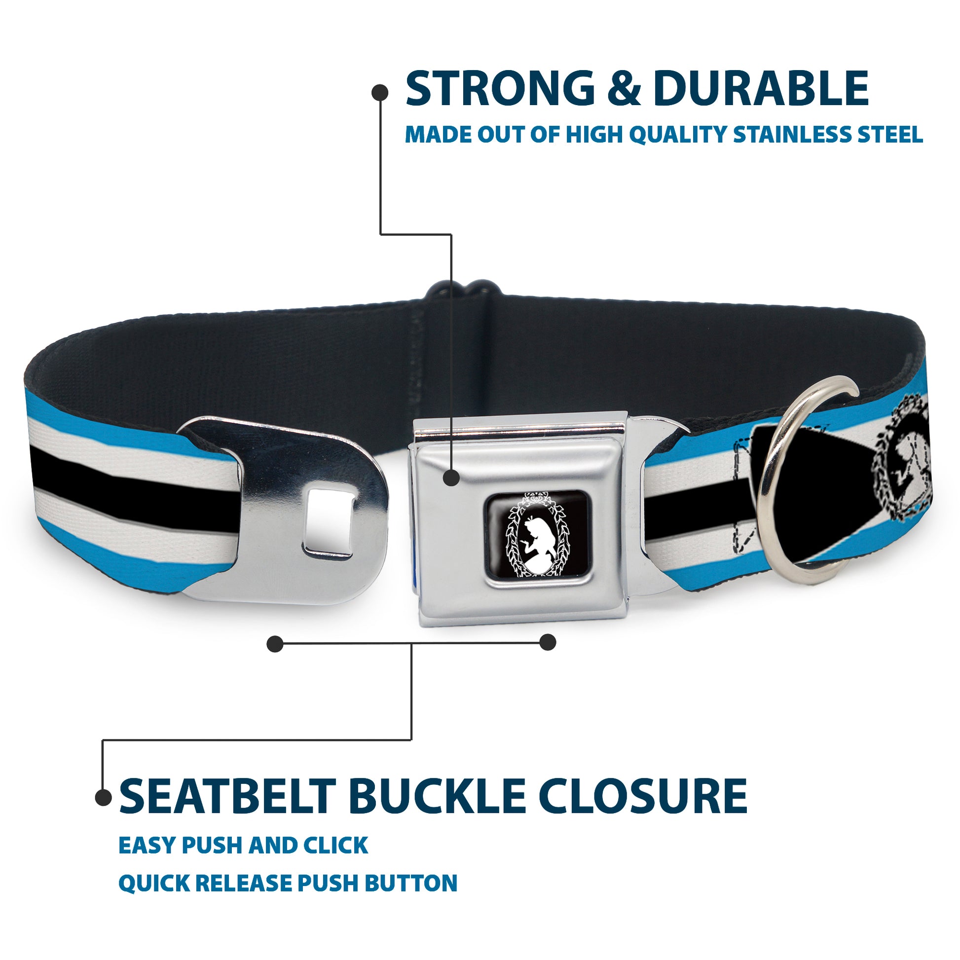 Alice Silhouette Cameo Pose Black White Seatbelt Buckle Collar - Alice in Wonderland Stripe/Bow Silhouette Blue/Black/White Seatbelt Buckle Collars Disney