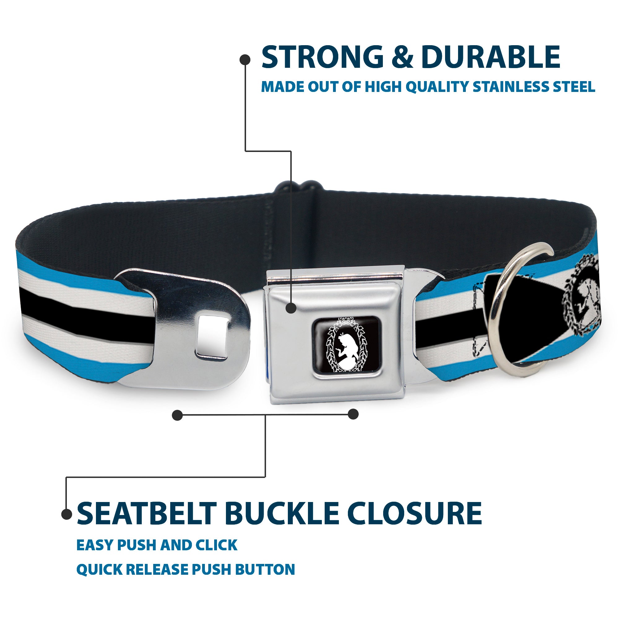 Alice Silhouette Cameo Pose Black White Seatbelt Buckle Collar - Alice in Wonderland Stripe/Bow Silhouette Blue/Black/White Seatbelt Buckle Collars Disney