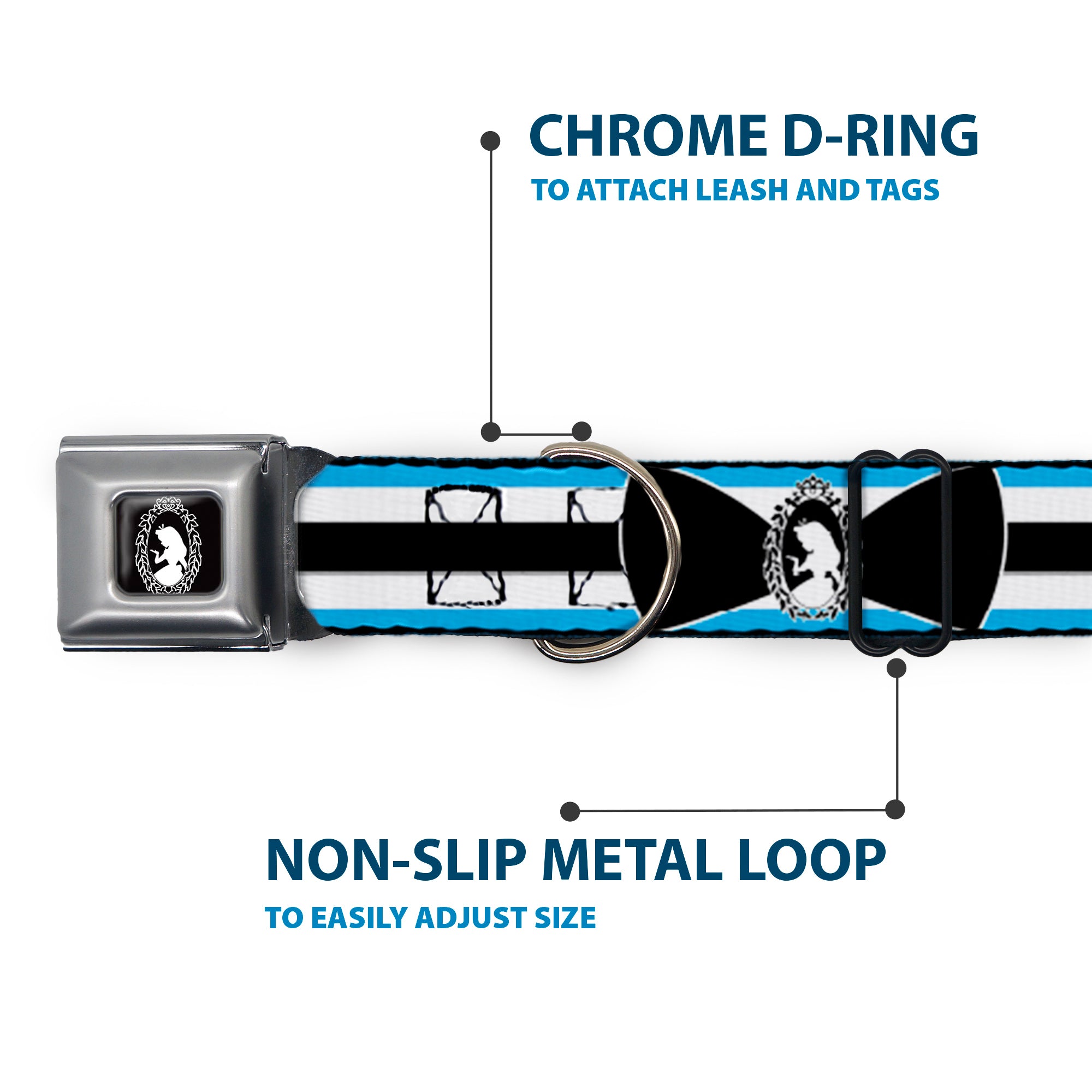 Alice Silhouette Cameo Pose Black White Seatbelt Buckle Collar - Alice in Wonderland Stripe/Bow Silhouette Blue/Black/White Seatbelt Buckle Collars Disney