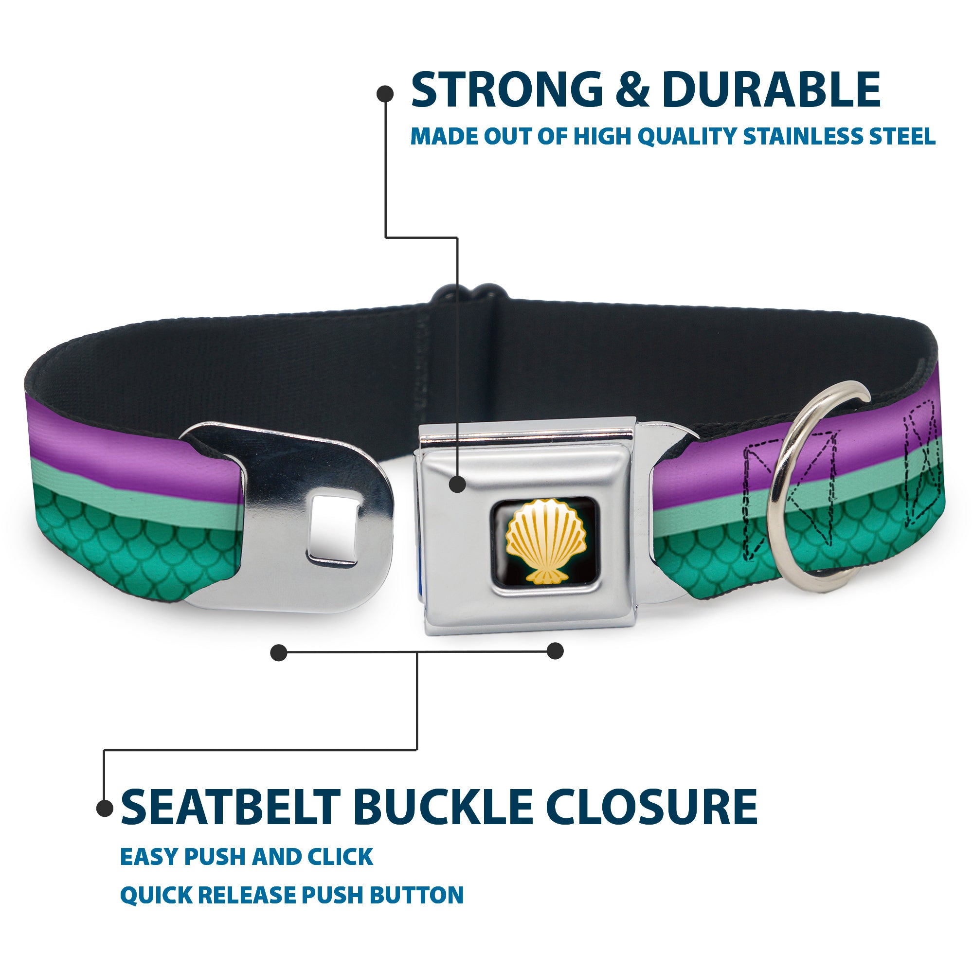 Little Mermaid Clam Shell Black Yellows Seatbelt Buckle Collar - Little Mermaid Stripe/Shell Purple/Green/Gold Seatbelt Buckle Collars Disney