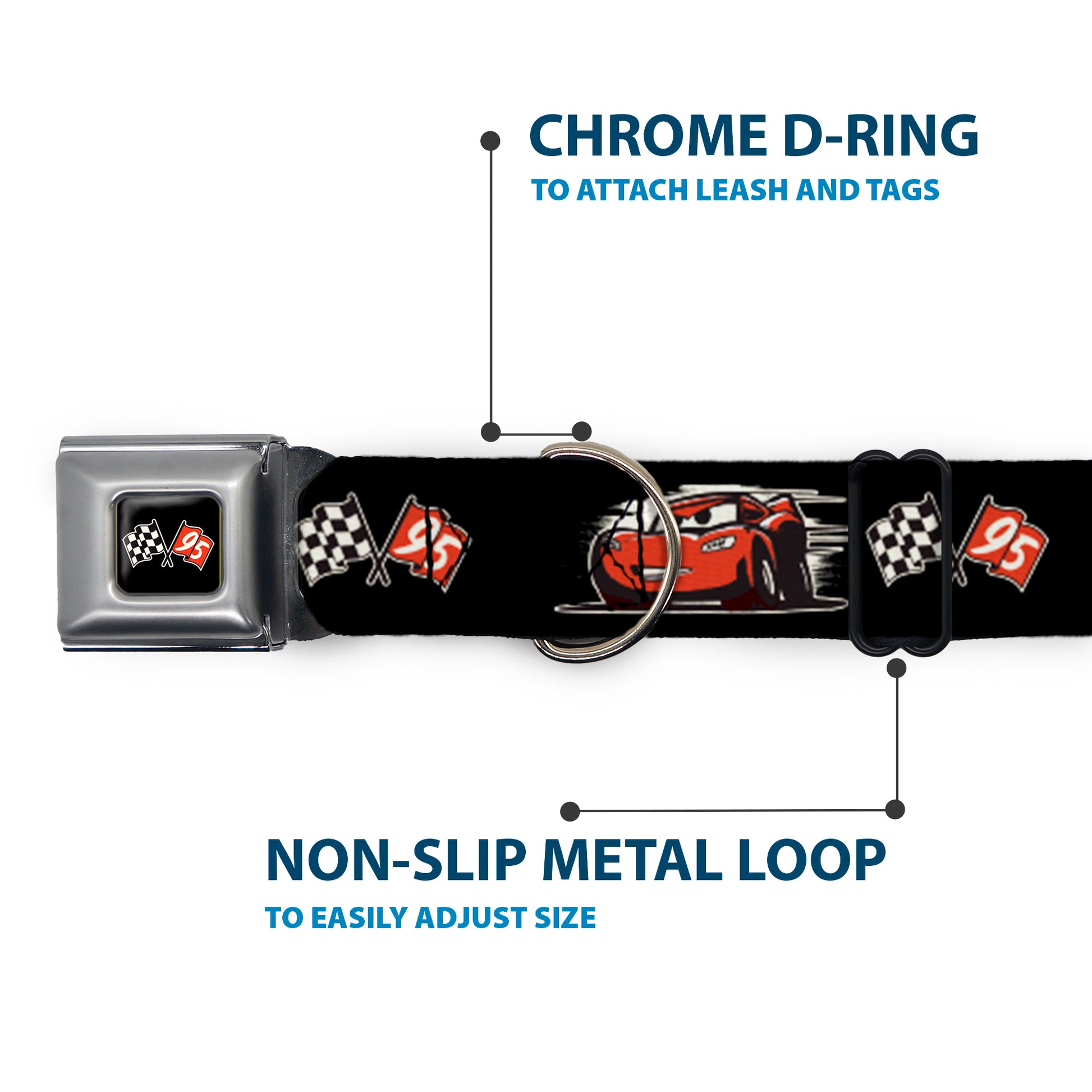 Cars 3 Race Flags Full Color Black White Red Seatbelt Buckle Collar - Cars 3 Lightning McQueen Caricature/Race Flags Black/White/Red Seatbelt Buckle Collars Disney