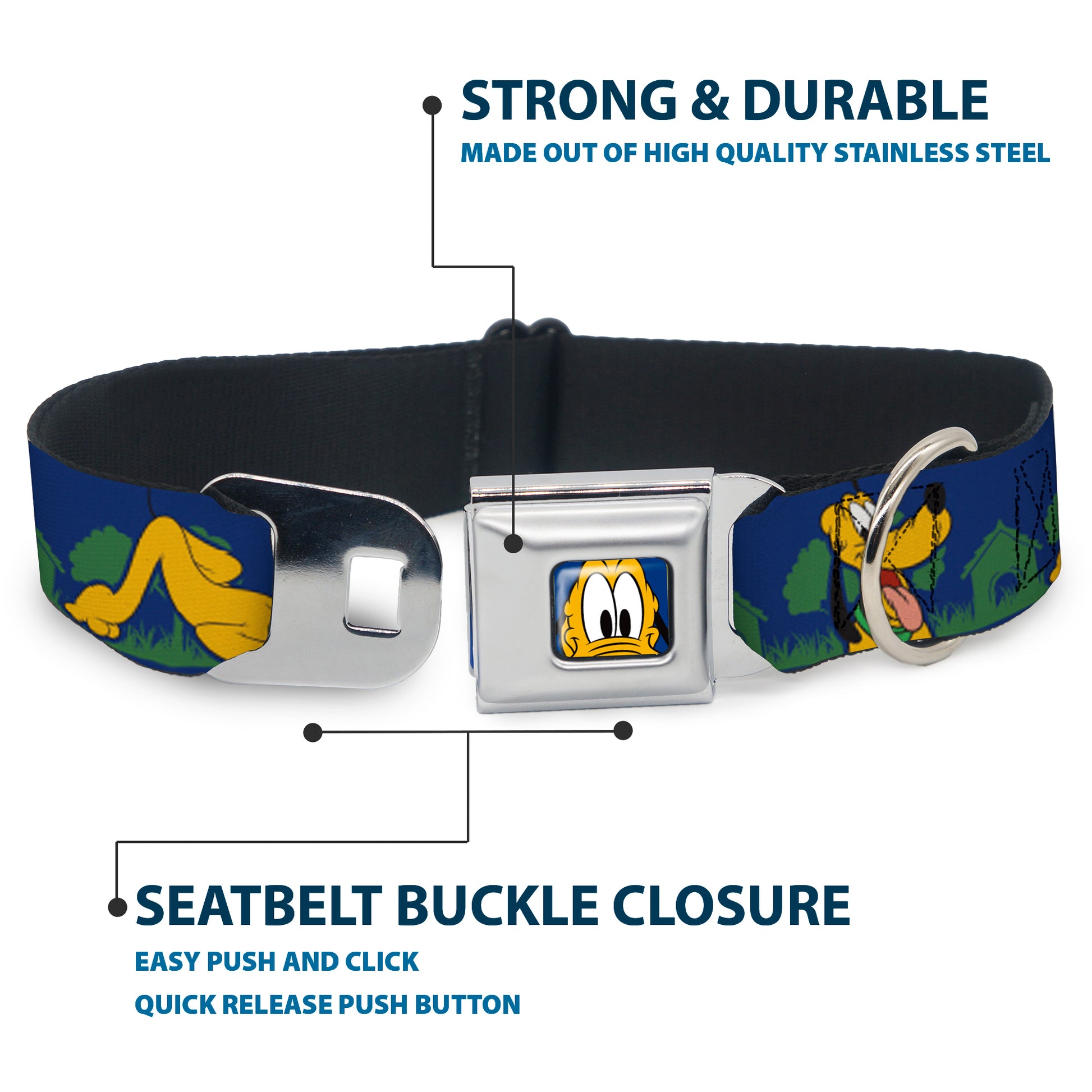 Pluto Face CLOSE-UP Blue Seatbelt Buckle Collar - Pluto 4-Poses/Landscape Blue/Green Seatbelt Buckle Collars Disney