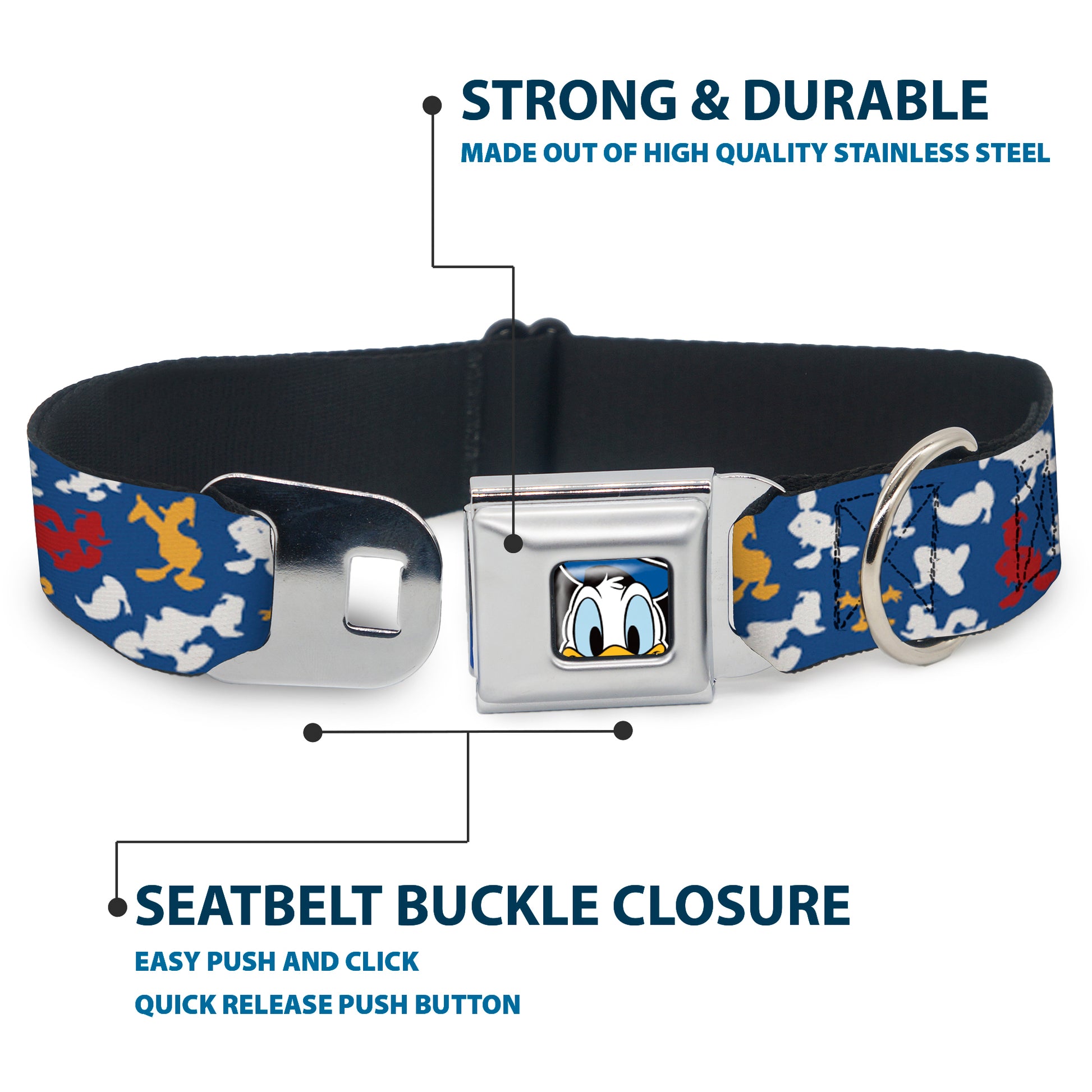 Donald Duck Face CLOSE-UP Full Color Seatbelt Buckle Collar - Donald Duck Face/Poses Scattered Blue/White/Red/Yellow Seatbelt Buckle Collars Disney