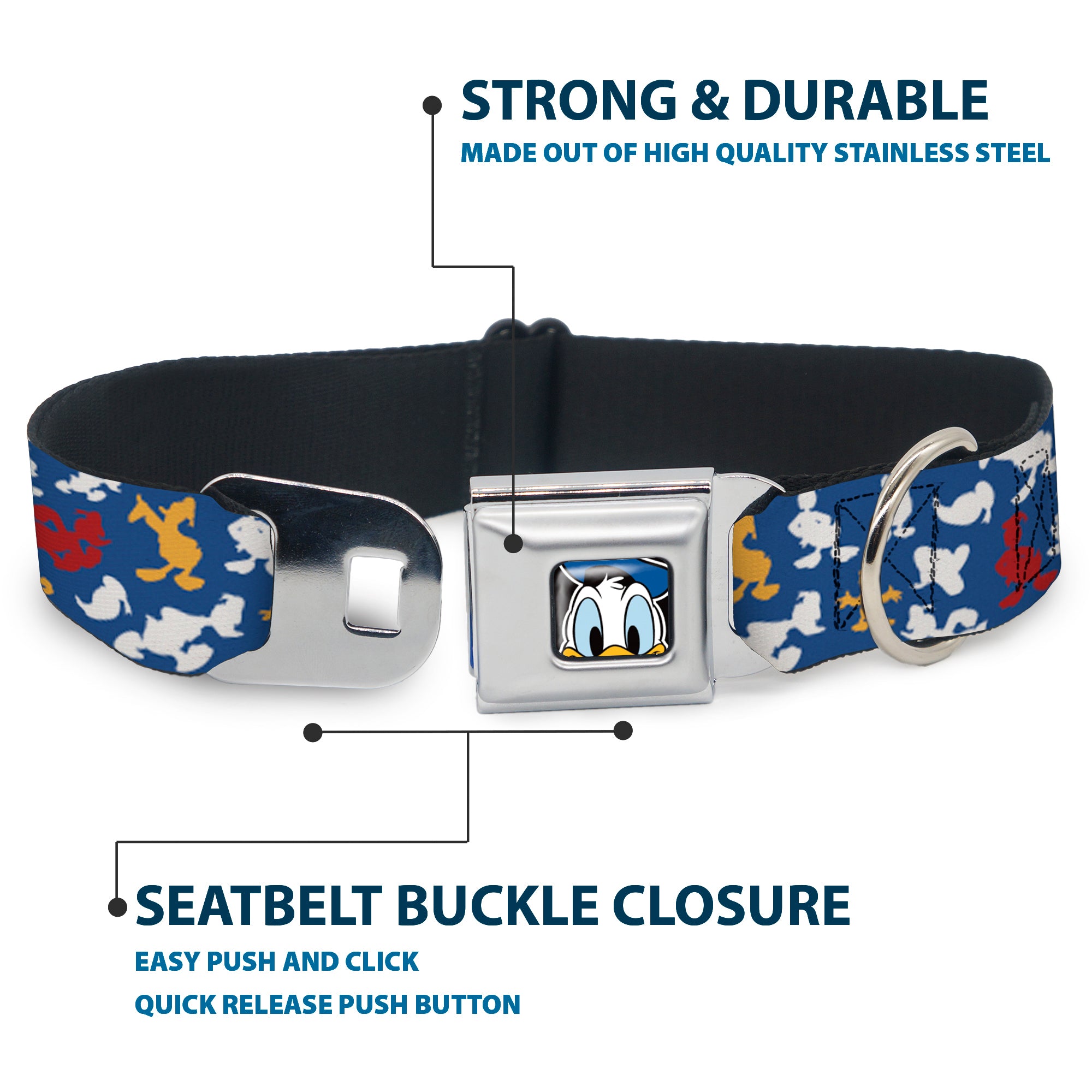 Donald Duck Face CLOSE-UP Full Color Seatbelt Buckle Collar - Donald Duck Face/Poses Scattered Blue/White/Red/Yellow Seatbelt Buckle Collars Disney