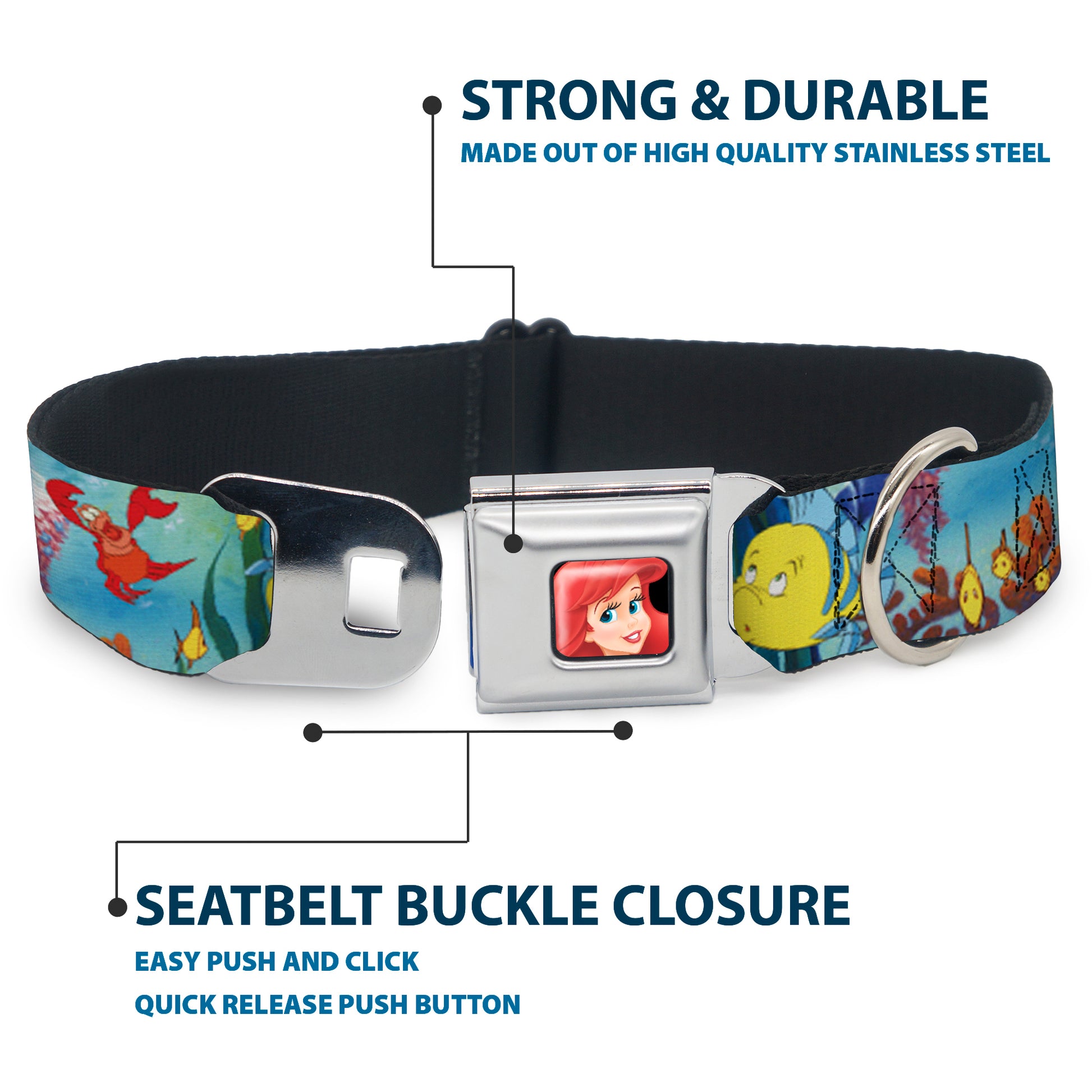 Ariel CLOSE-UP Full Color Seatbelt Buckle Collar - Ariel, Sebastian & Flounder Scene Seatbelt Buckle Collars Disney
