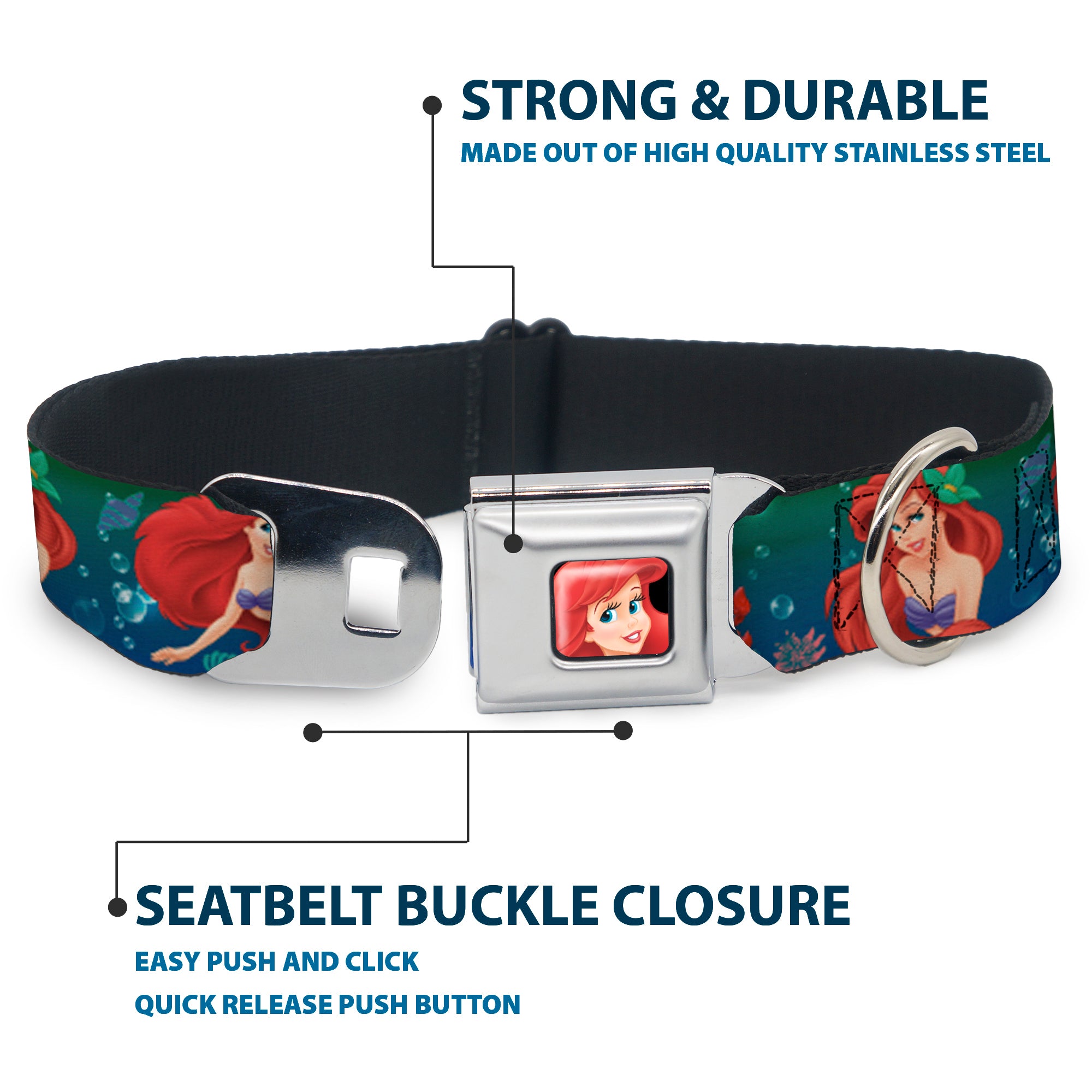 Ariel CLOSE-UP Full Color Seatbelt Buckle Collar - Ariel Poses w/Flounder Green/Blue Fade Seatbelt Buckle Collars Disney