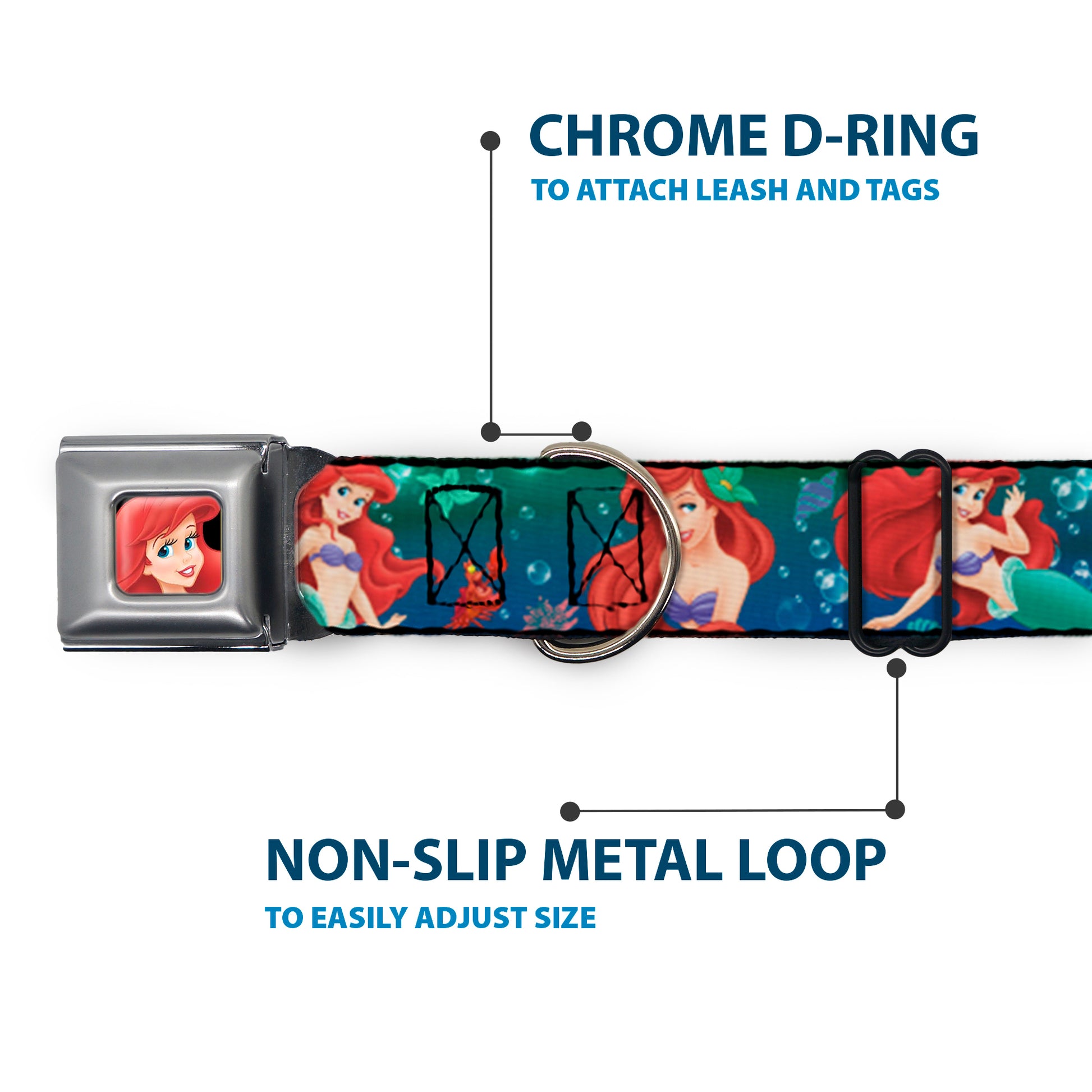 Ariel CLOSE-UP Full Color Seatbelt Buckle Collar - Ariel Poses w/Flounder Green/Blue Fade Seatbelt Buckle Collars Disney