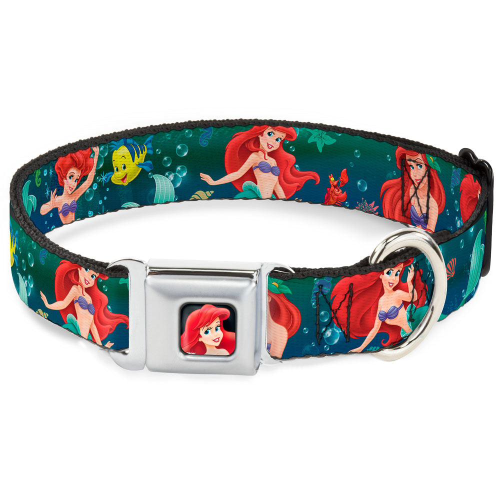 Ariel CLOSE-UP Full Color Seatbelt Buckle Collar - Ariel Poses w/Flounder Green/Blue Fade Seatbelt Buckle Collars Disney