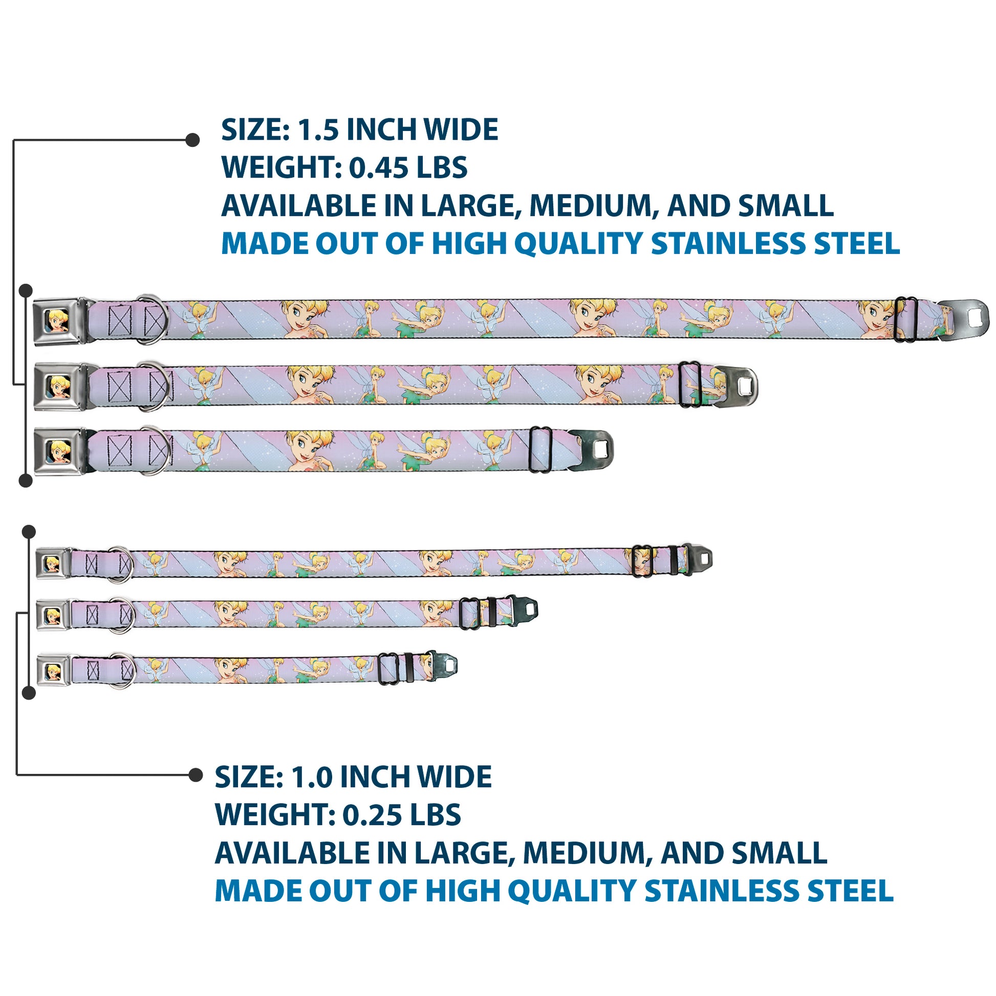 Tinker Bell CLOSE-UP Full Color Seatbelt Buckle Collar - Tinker Bell Poses Purple/Pink Fade Seatbelt Buckle Collars Disney