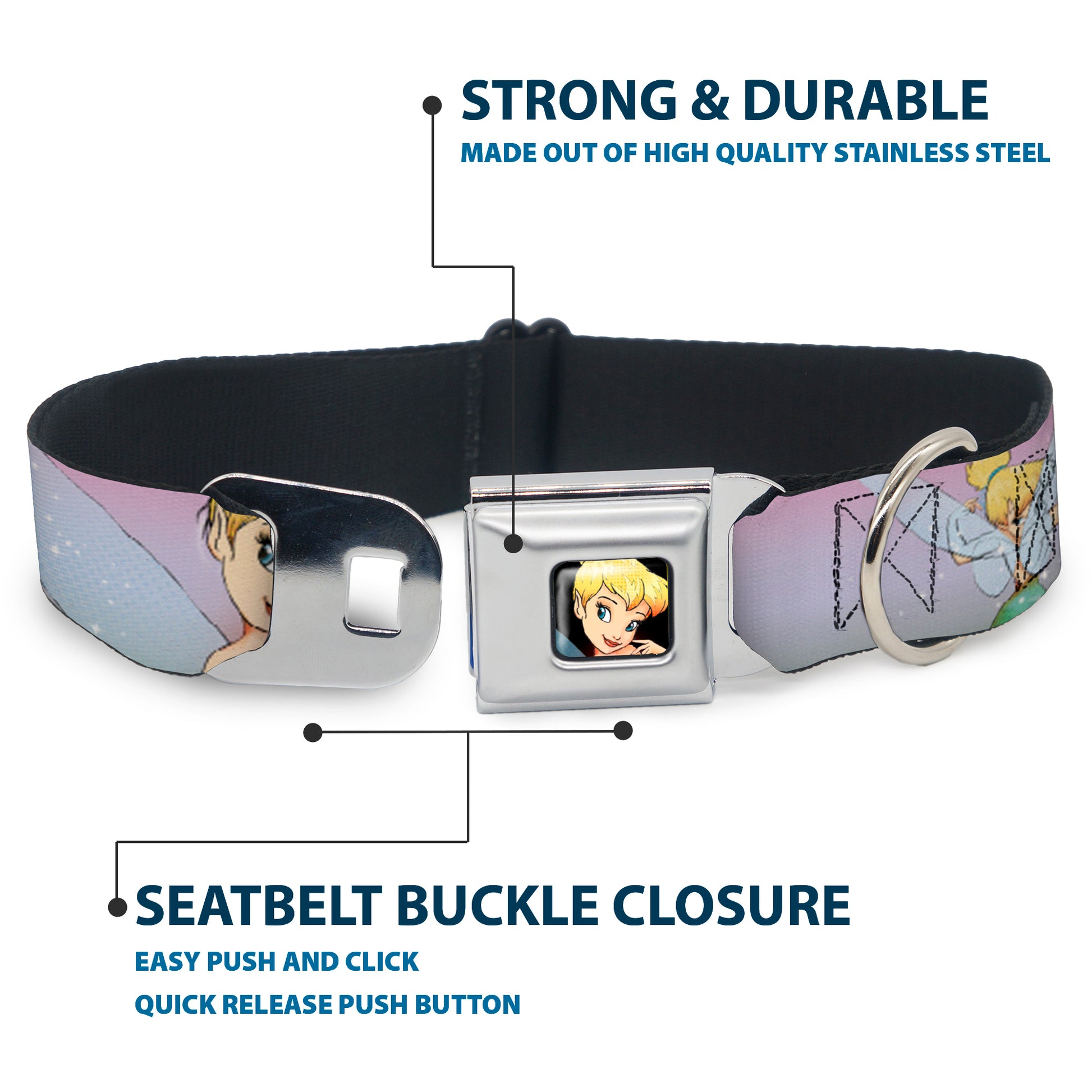 Tinker Bell CLOSE-UP Full Color Seatbelt Buckle Collar - Tinker Bell Poses Purple/Pink Fade Seatbelt Buckle Collars Disney