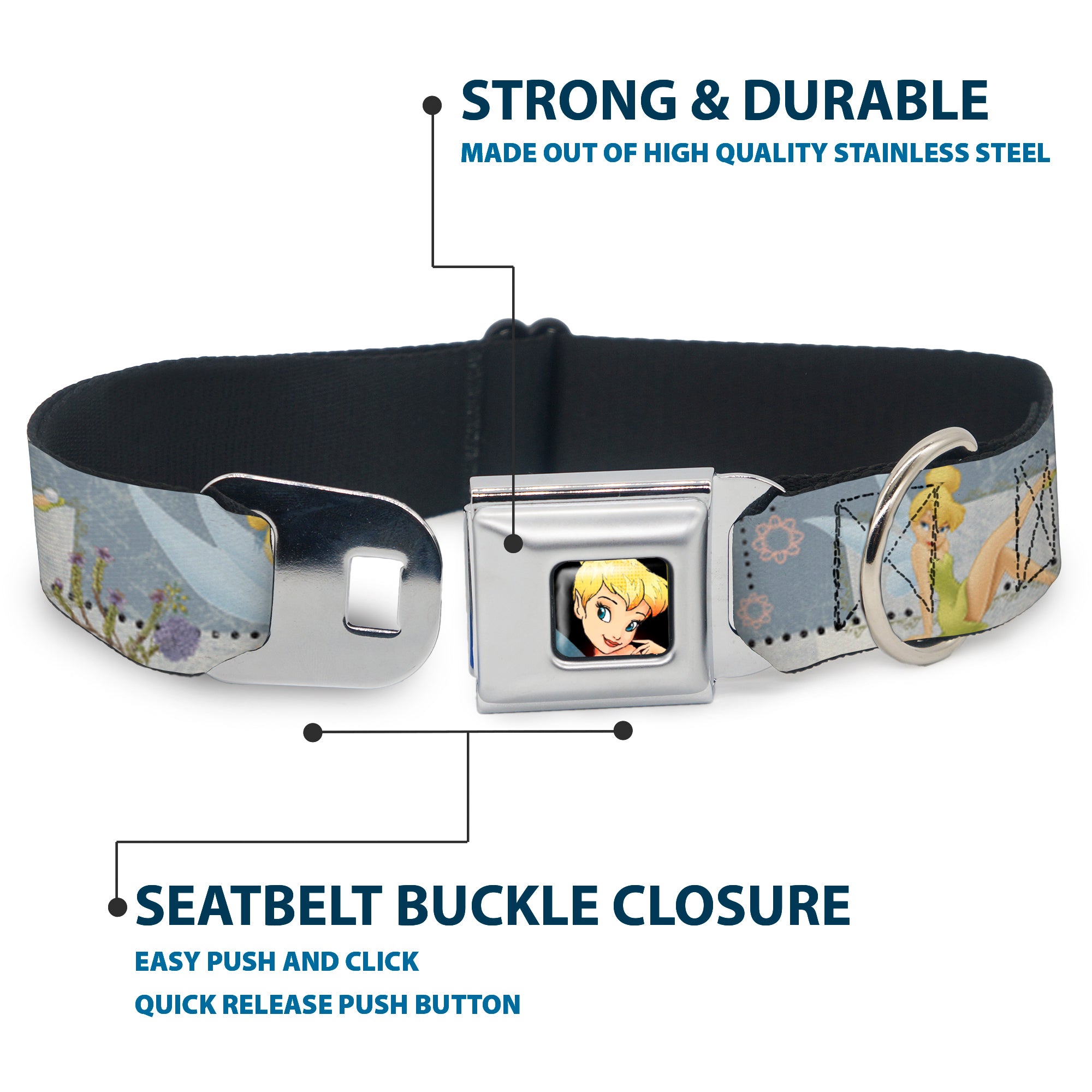 Tinker Bell CLOSE-UP Full Color Seatbelt Buckle Collar - Tinker Bell Garden Poses Seatbelt Buckle Collars Disney