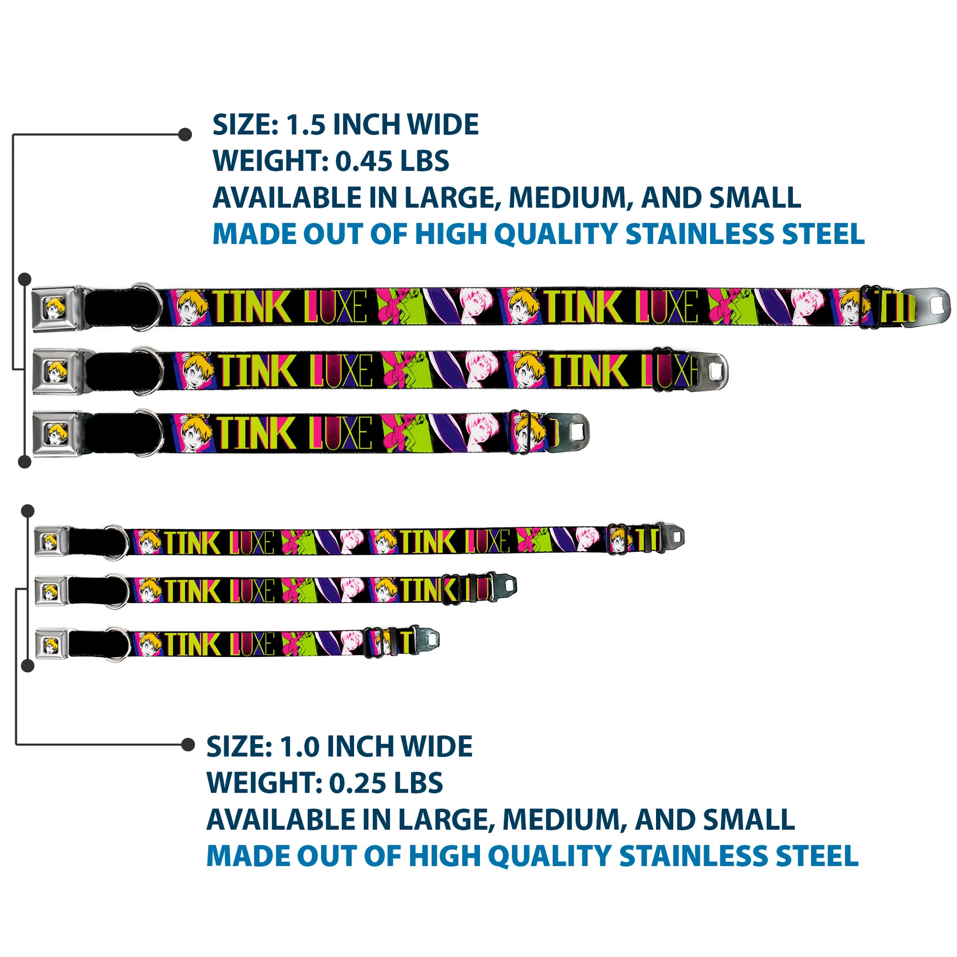 Tink Luxe Full Color Black White Seatbelt Buckle Collar - TINK LUXE Sketch Black/Multi Neon Seatbelt Buckle Collars Disney