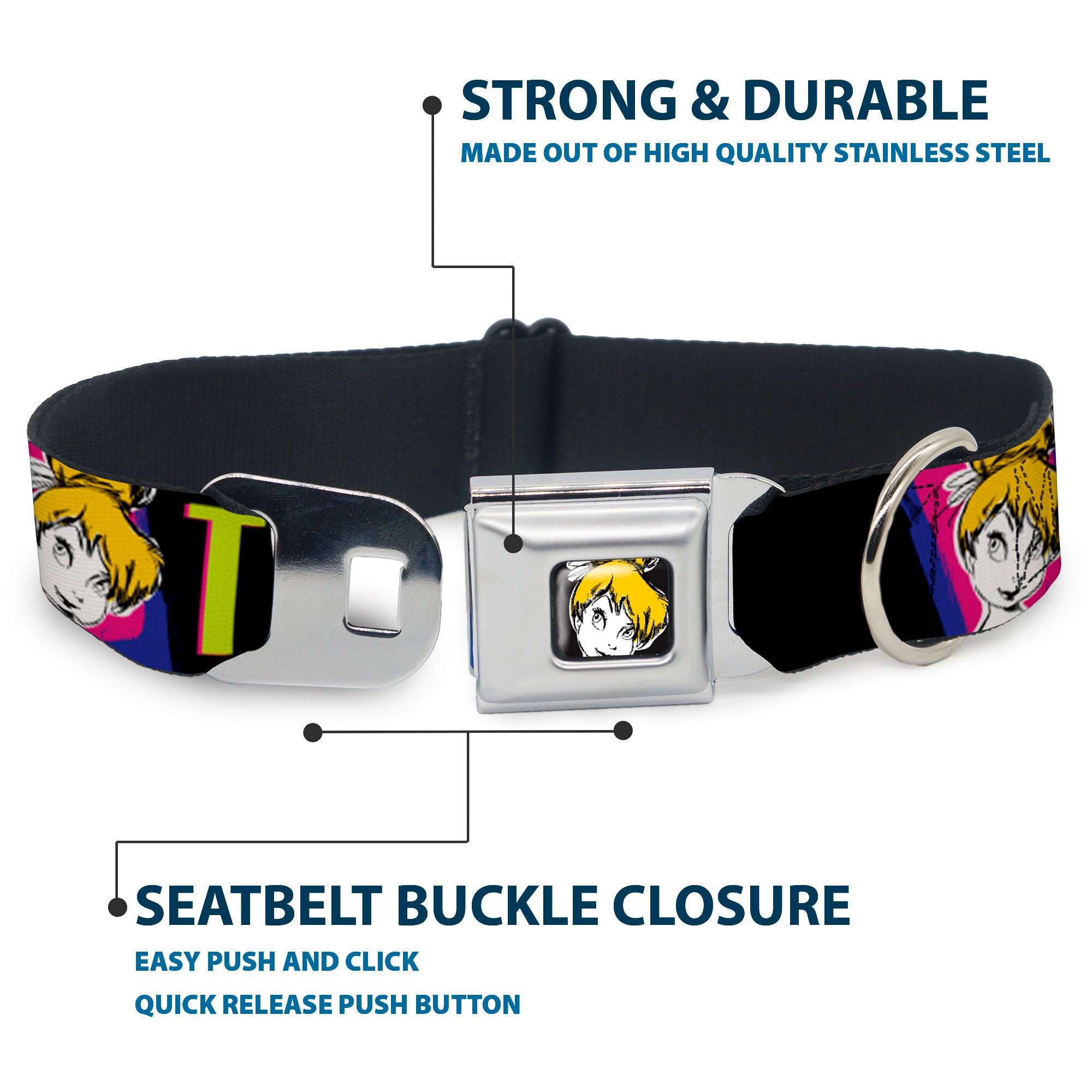 Tink Luxe Full Color Black White Seatbelt Buckle Collar - TINK LUXE Sketch Black/Multi Neon Seatbelt Buckle Collars Disney