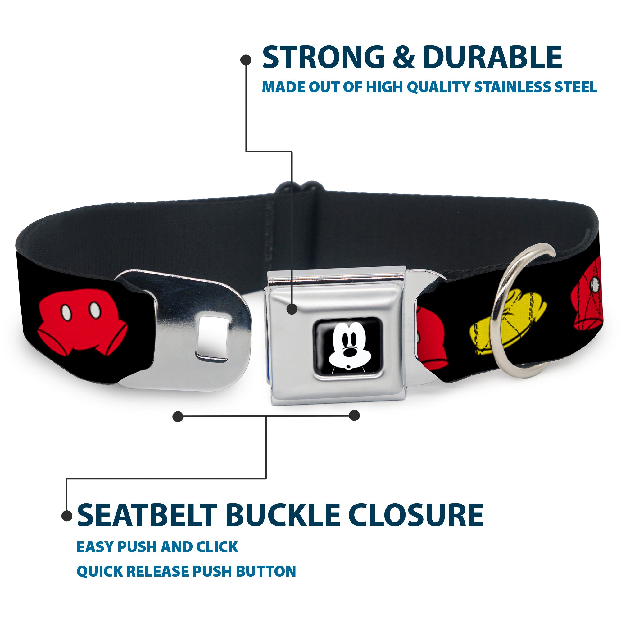 Mickey Mickey Mouse Expression4 Full Color Black/White Seatbelt Buckle Collar - Mickey Mouse Shorts and Shoes Black/Red/Yellow Seatbelt Buckle Collars Disney