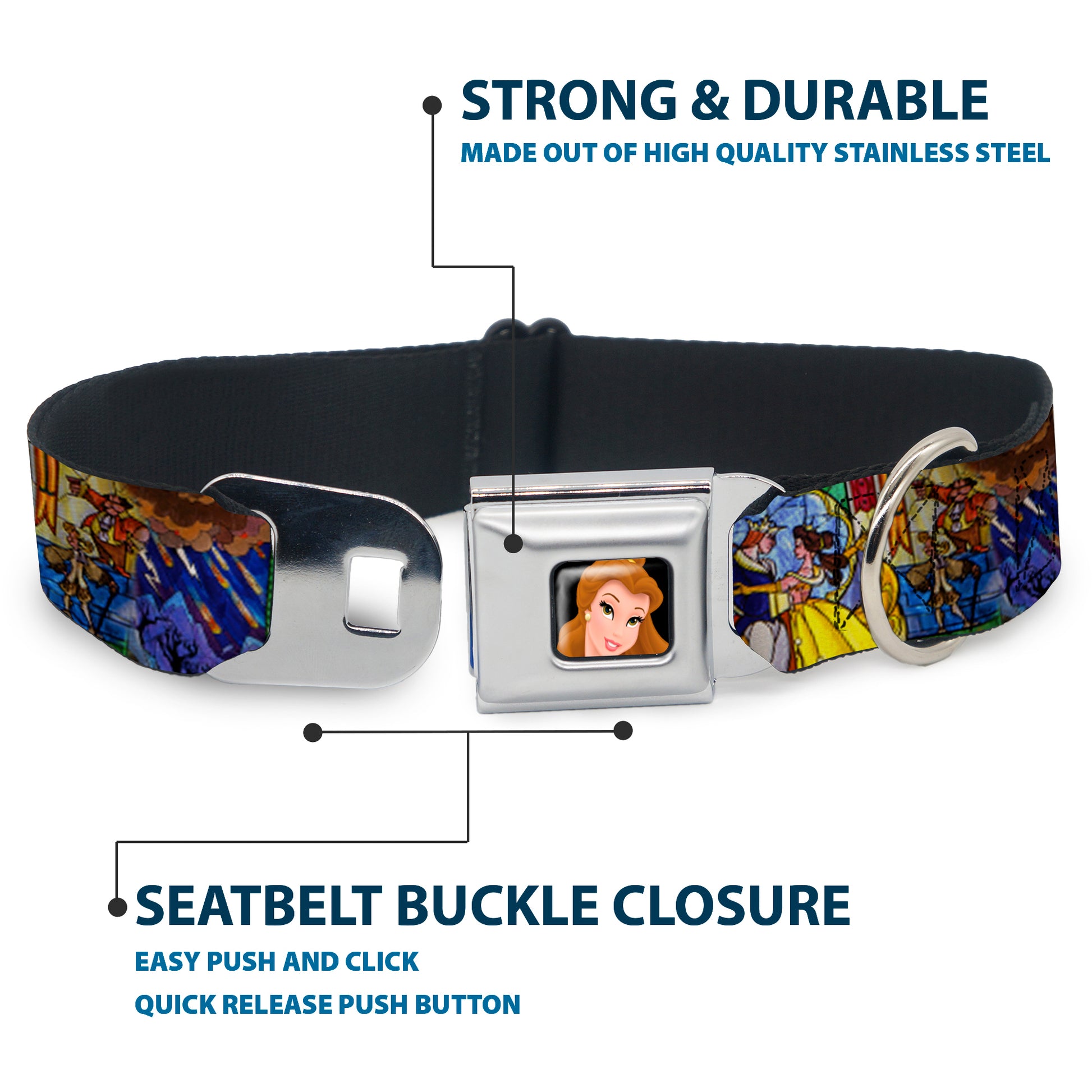 Belle CLOSE-UP Full Color Seatbelt Buckle Collar - Beauty & the Beast Stained Glass Scenes Seatbelt Buckle Collars Disney