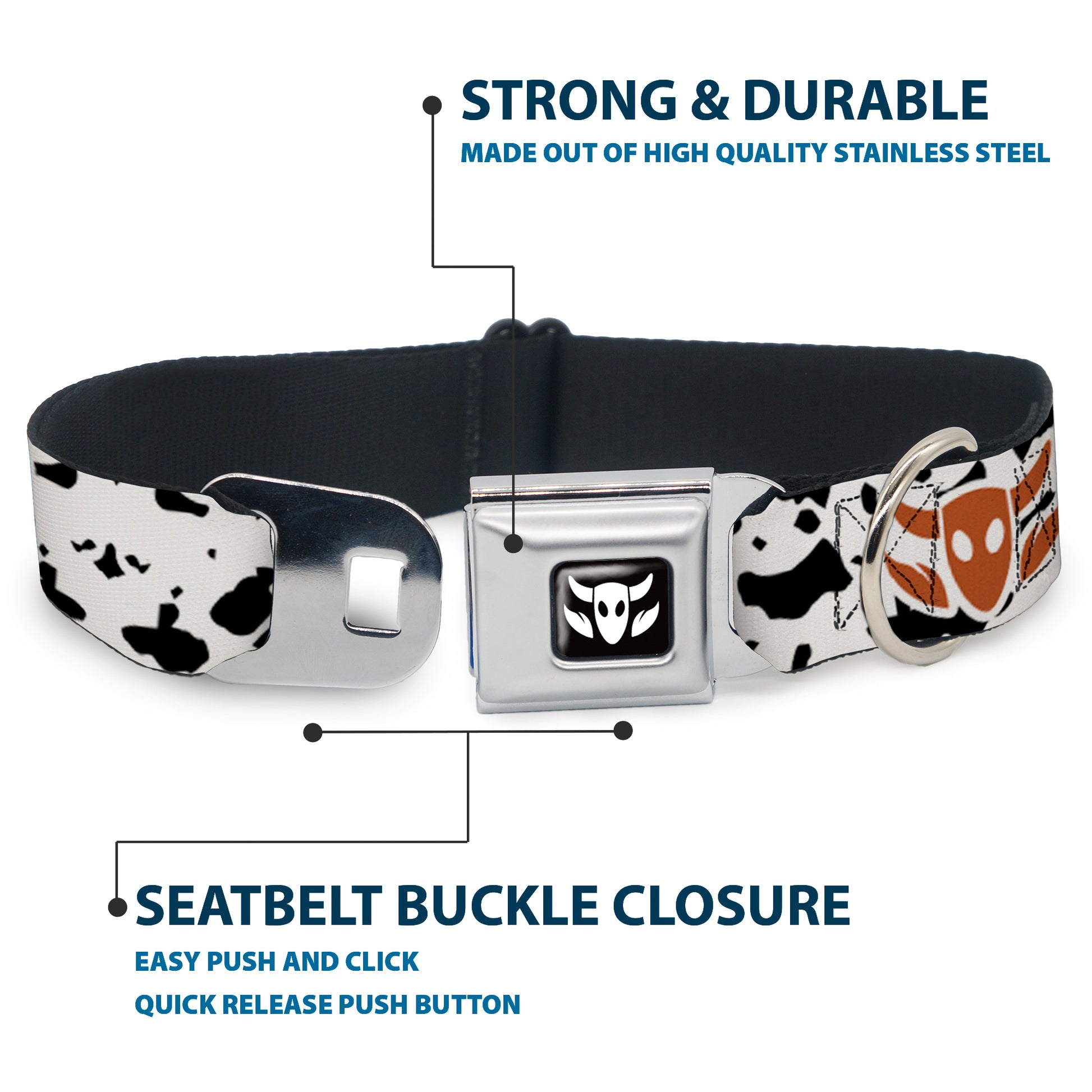 Toy Story Woody Cowboy Bull Icon Full Color Black/White Seatbelt Buckle Collar - Toy Story Woody Bounding Cowboy Cow Print White/Black/Brown Seatbelt Buckle Collars Disney