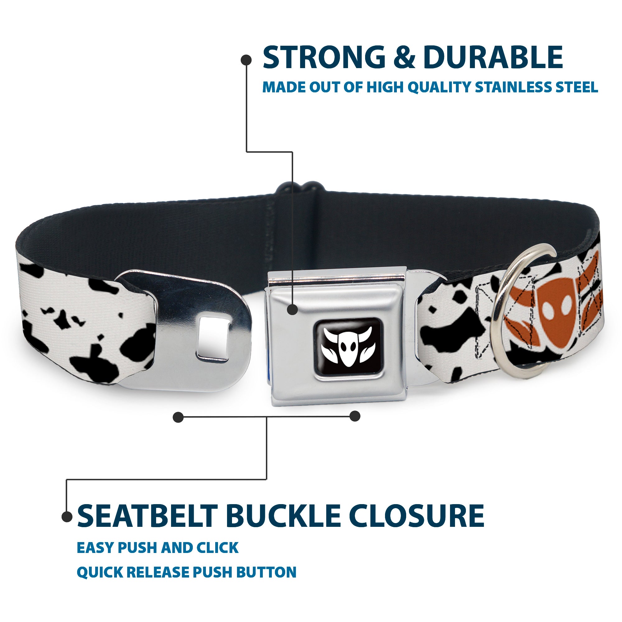 Toy Story Woody Cowboy Bull Icon Full Color Black/White Seatbelt Buckle Collar - Toy Story Woody Bounding Cowboy Cow Print White/Black/Brown Seatbelt Buckle Collars Disney
