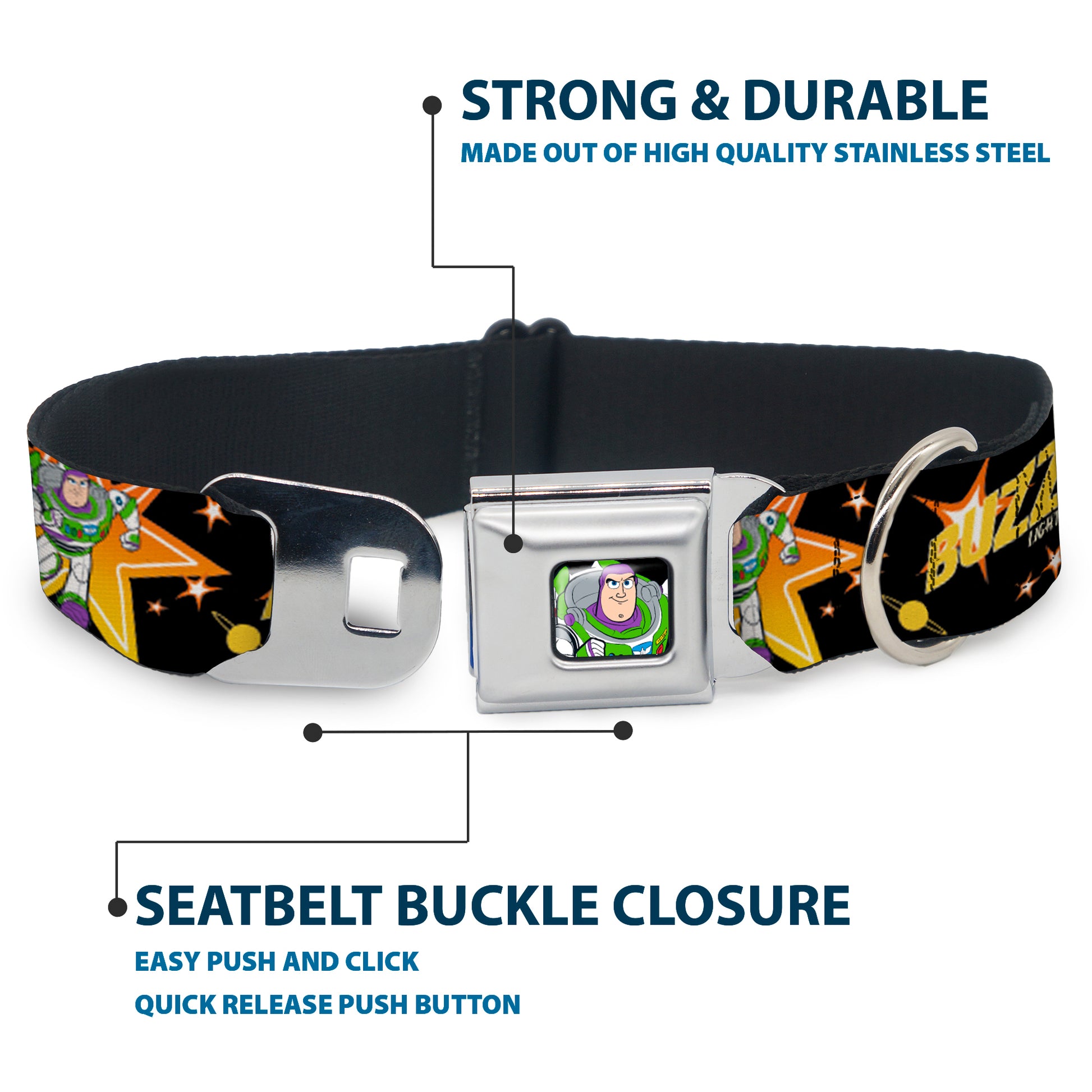Toy Story Buzz Lightyear Running Pose Full Color Black Seatbelt Buckle Collar - Toy Story BUZZ LIGHTYEAR Running Pose/Stars Black/Orange/Yellow Seatbelt Buckle Collars Disney