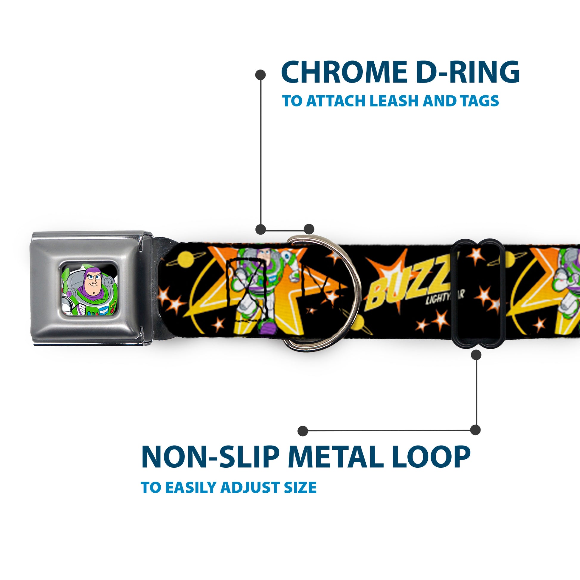 Toy Story Buzz Lightyear Running Pose Full Color Black Seatbelt Buckle Collar - Toy Story BUZZ LIGHTYEAR Running Pose/Stars Black/Orange/Yellow Seatbelt Buckle Collars Disney