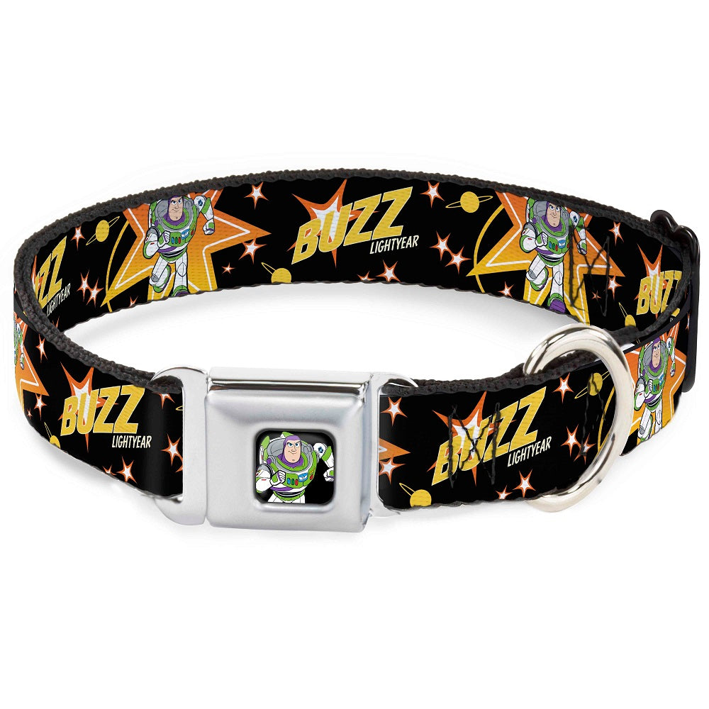 Toy Story Buzz Lightyear Running Pose Full Color Black Seatbelt Buckle Collar - Toy Story BUZZ LIGHTYEAR Running Pose/Stars Black/Orange/Yellow Seatbelt Buckle Collars Disney
