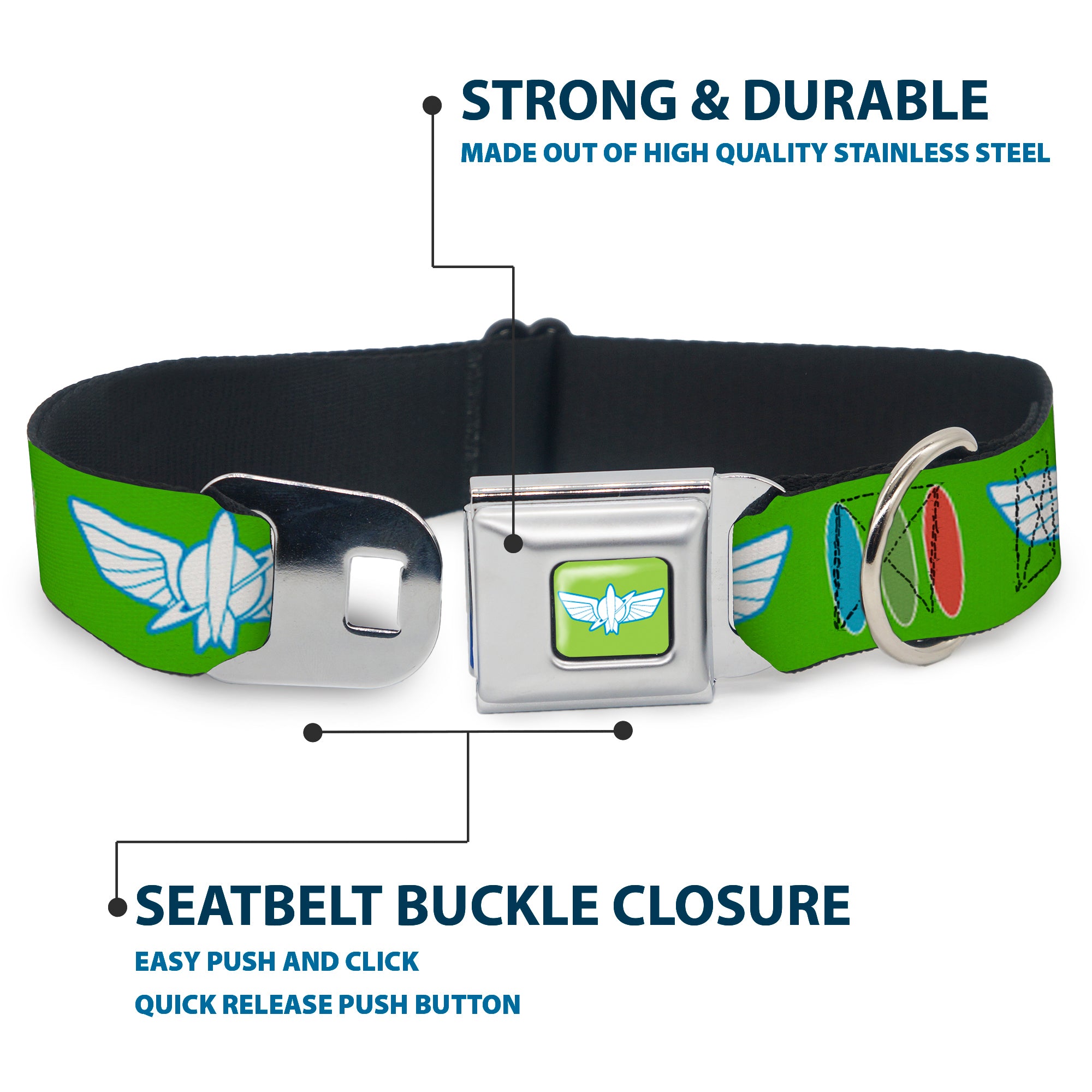 Toy Story Buzz Lightyear Space Ranger Wings Icon Full Color Green/Blue/White Seatbelt Buckle Collar - Toy Story Buzz Lightyear Bounding Space Ranger Logo/Buttons Green/White/Blue/Red Seatbelt Buckle Collars Disney