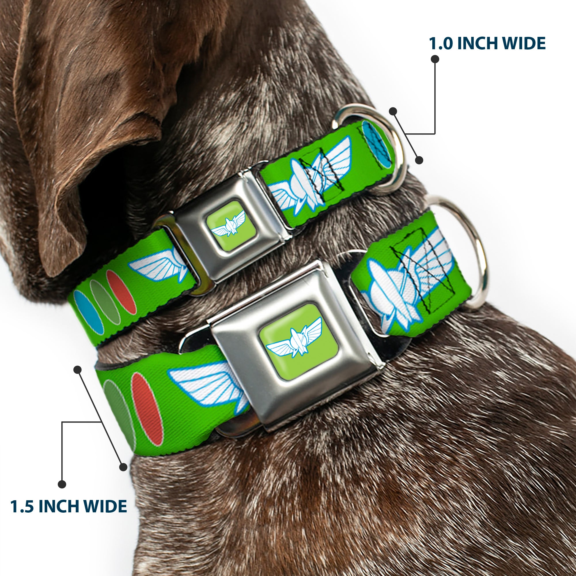 Toy Story Buzz Lightyear Space Ranger Wings Icon Full Color Green/Blue/White Seatbelt Buckle Collar - Toy Story Buzz Lightyear Bounding Space Ranger Logo/Buttons Green/White/Blue/Red Seatbelt Buckle Collars Disney
