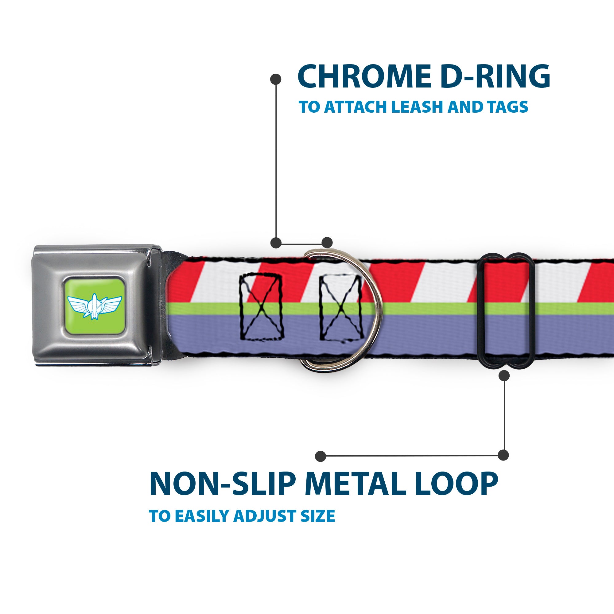 Toy Story Buzz Lightyear Space Ranger Wings Icon Full Color Green/Blue/White Seatbelt Buckle Collar - Toy Story Buzz Lightyear Space Ranger Logo/Striping Red/White/Green/Purple Seatbelt Buckle Collars Disney