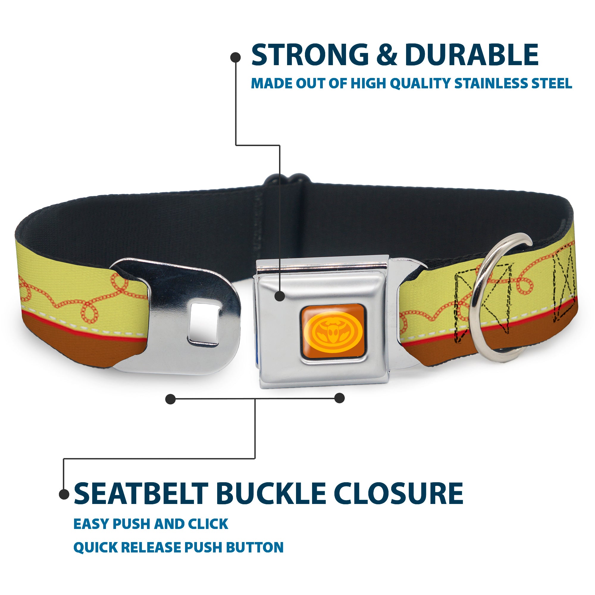 Toy Story Jessie Cowboy Buckle Logo Browns Seatbelt Buckle Collar - Toy Story Jessie Bounding Cowboy Buckle Lasso Stripe Yellow/Red/Brown Seatbelt Buckle Collars Disney
