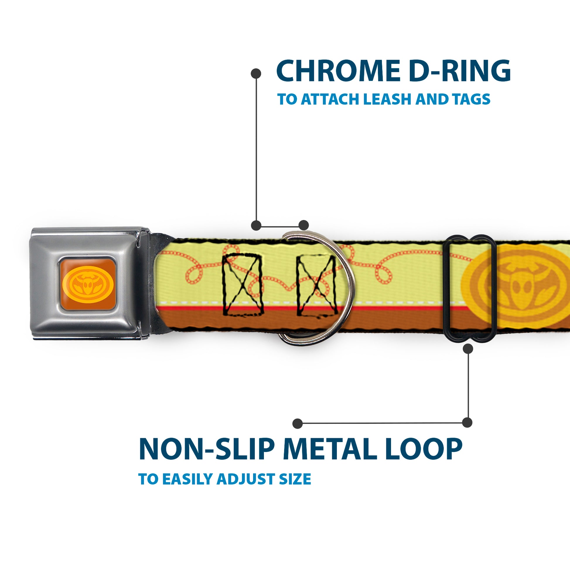 Toy Story Jessie Cowboy Buckle Logo Browns Seatbelt Buckle Collar - Toy Story Jessie Bounding Cowboy Buckle Lasso Stripe Yellow/Red/Brown Seatbelt Buckle Collars Disney