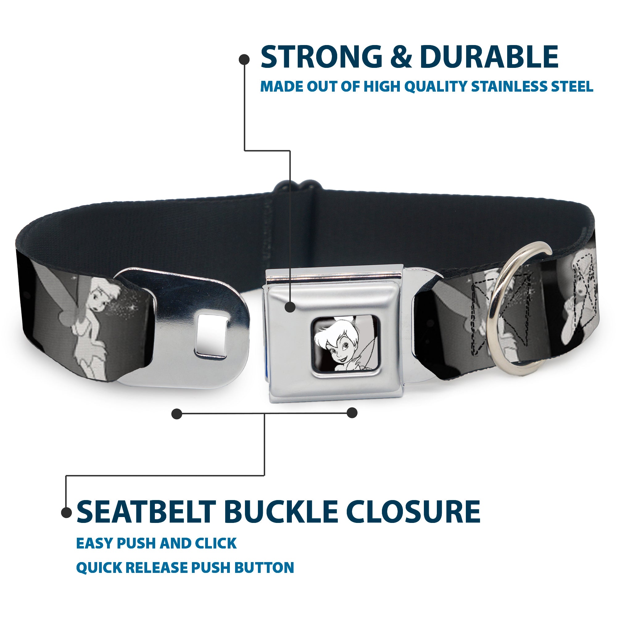 Tinker Bell CLOSE-UP Full Color Black White Seatbelt Buckle Collar - Tinker Bell Scenes Black/White Seatbelt Buckle Collars Disney