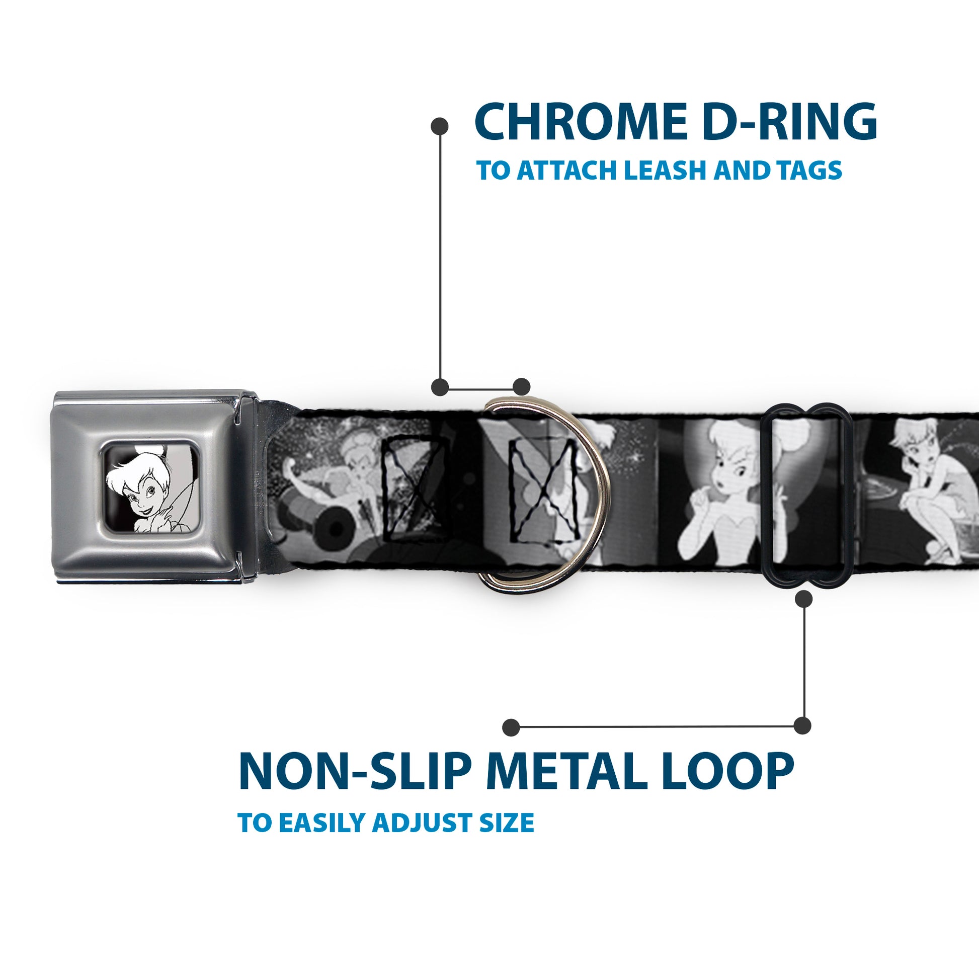 Tinker Bell CLOSE-UP Full Color Black White Seatbelt Buckle Collar - Tinker Bell Scenes Black/White Seatbelt Buckle Collars Disney