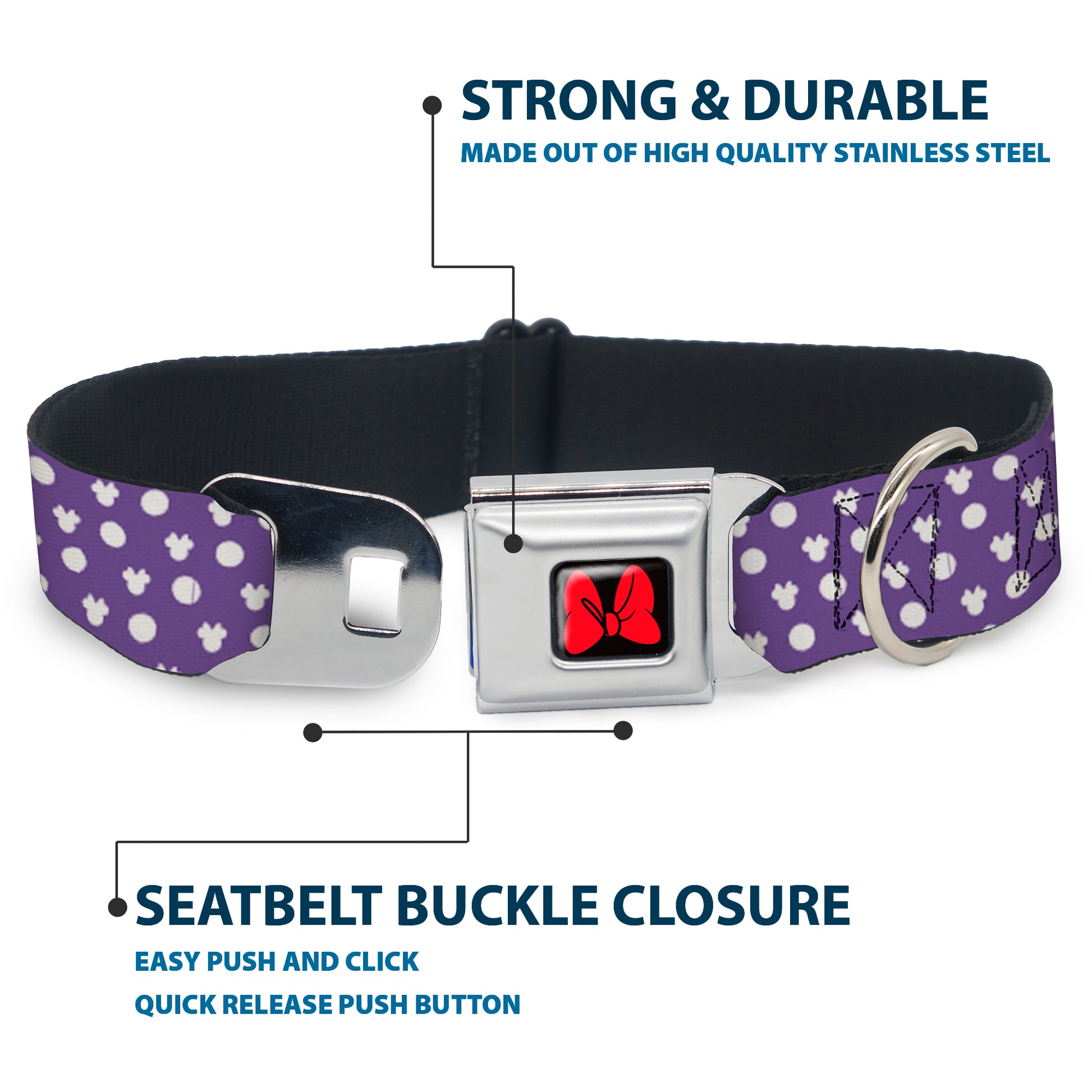 Dog Collar DYYR-Minnie Mouse Bow Full Color Black/Red - Minnie Mouse Ears Monogram/Dots Purple/White Seatbelt Buckle Collars Disney