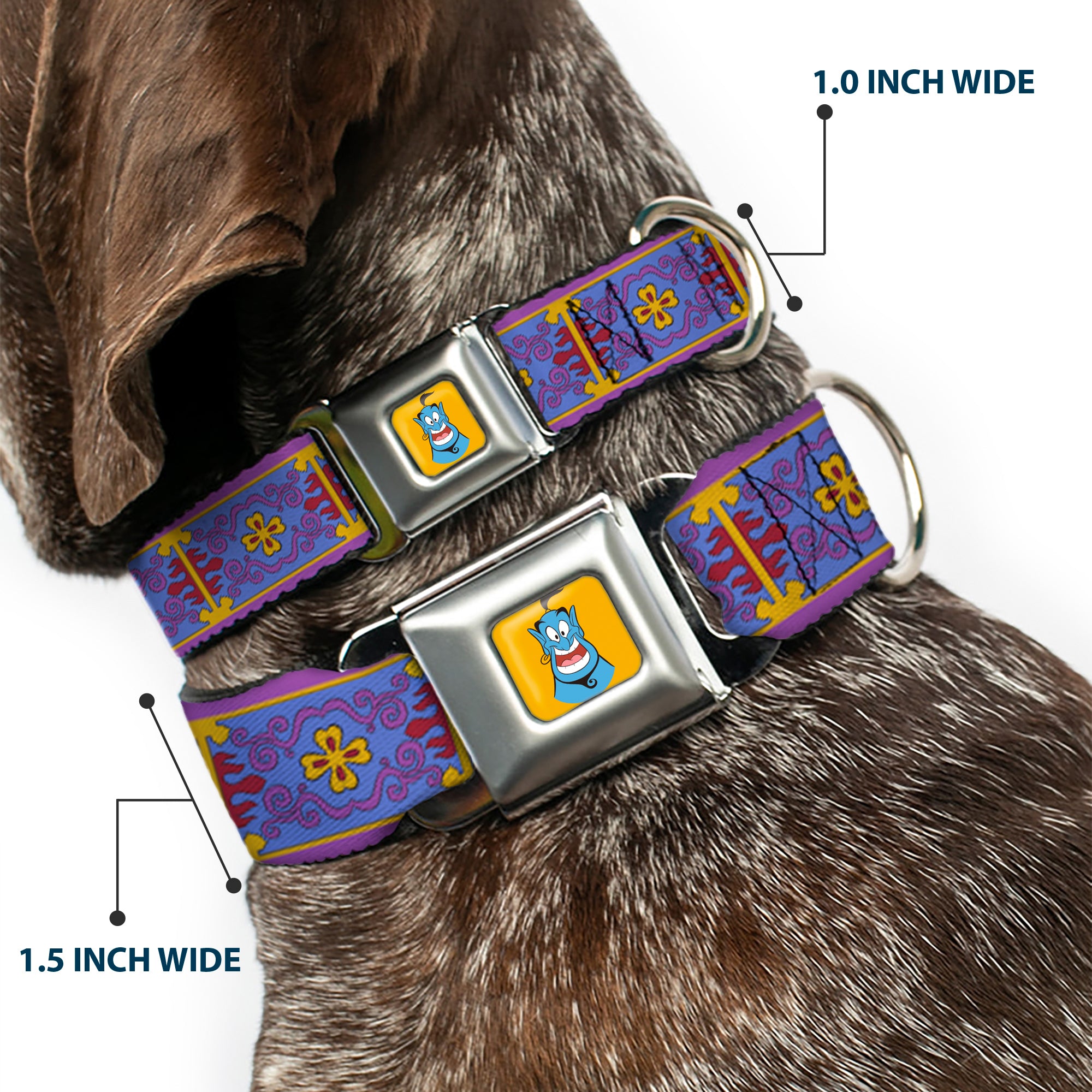 Classic Aladdin Genie Smiling Expression Full Color Yellow Seatbelt Buckle Collar - Classic Aladdin Magic Carpet Tapestry Blue/Purple/Gold/Red Seatbelt Buckle Collars Disney