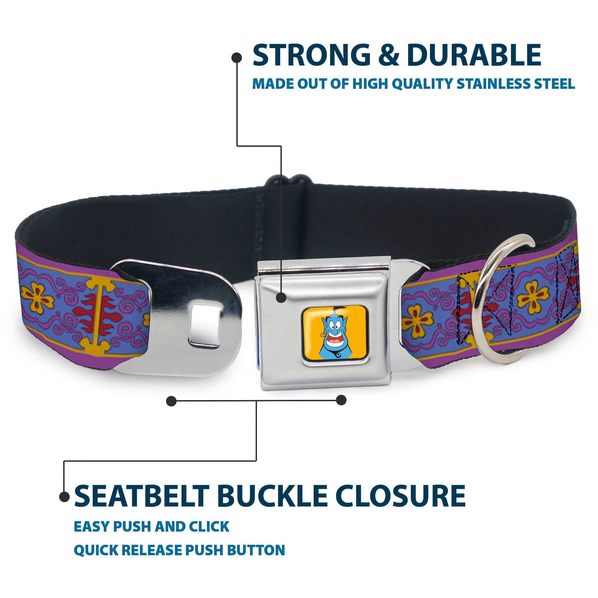 Classic Aladdin Genie Smiling Expression Full Color Yellow Seatbelt Buckle Collar - Classic Aladdin Magic Carpet Tapestry Blue/Purple/Gold/Red Seatbelt Buckle Collars Disney