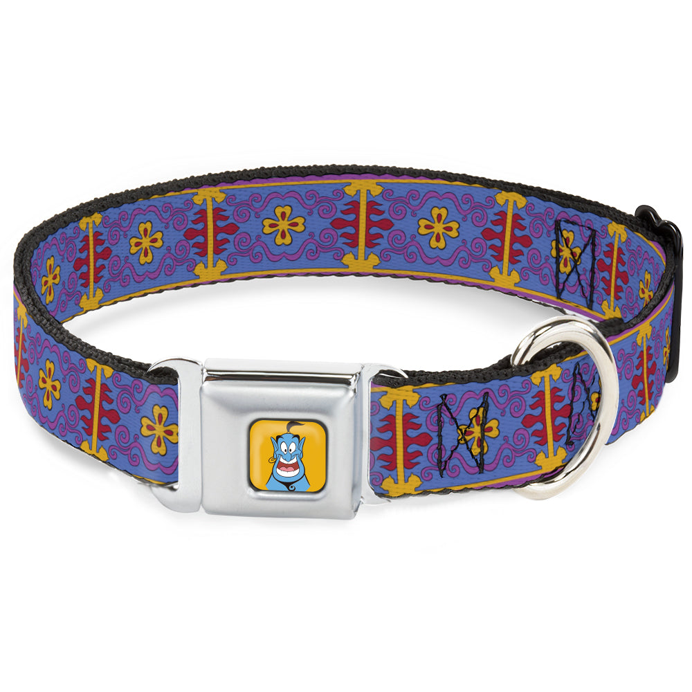Classic Aladdin Genie Smiling Expression Full Color Yellow Seatbelt Buckle Collar - Classic Aladdin Magic Carpet Tapestry Blue/Purple/Gold/Red Seatbelt Buckle Collars Disney
