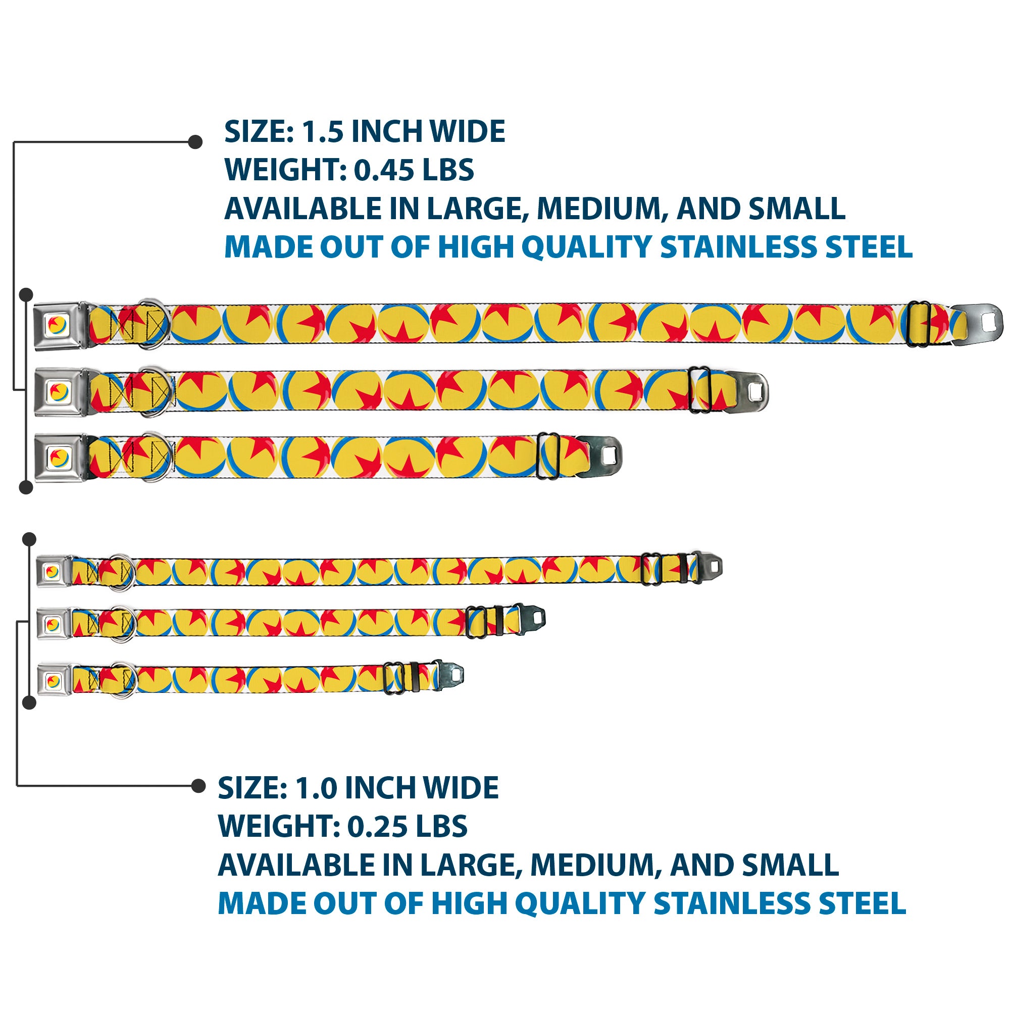 Disney Pixar Luxo Ball Full Color White/Yellow/Blue/Red Seatbelt Buckle Collar - Disney Pixar Luxo Ball Repeat White/Yellow/Blue/Red Seatbelt Buckle Collars Disney