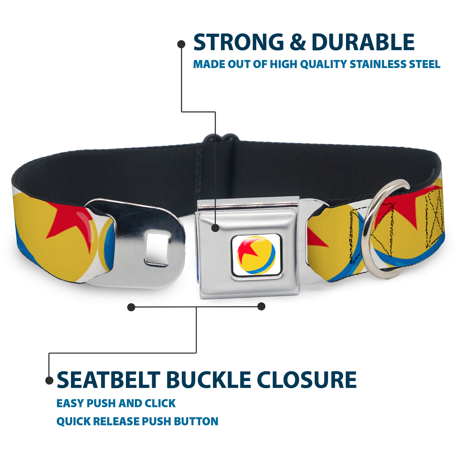 Disney Pixar Luxo Ball Full Color White/Yellow/Blue/Red Seatbelt Buckle Collar - Disney Pixar Luxo Ball Repeat White/Yellow/Blue/Red Seatbelt Buckle Collars Disney