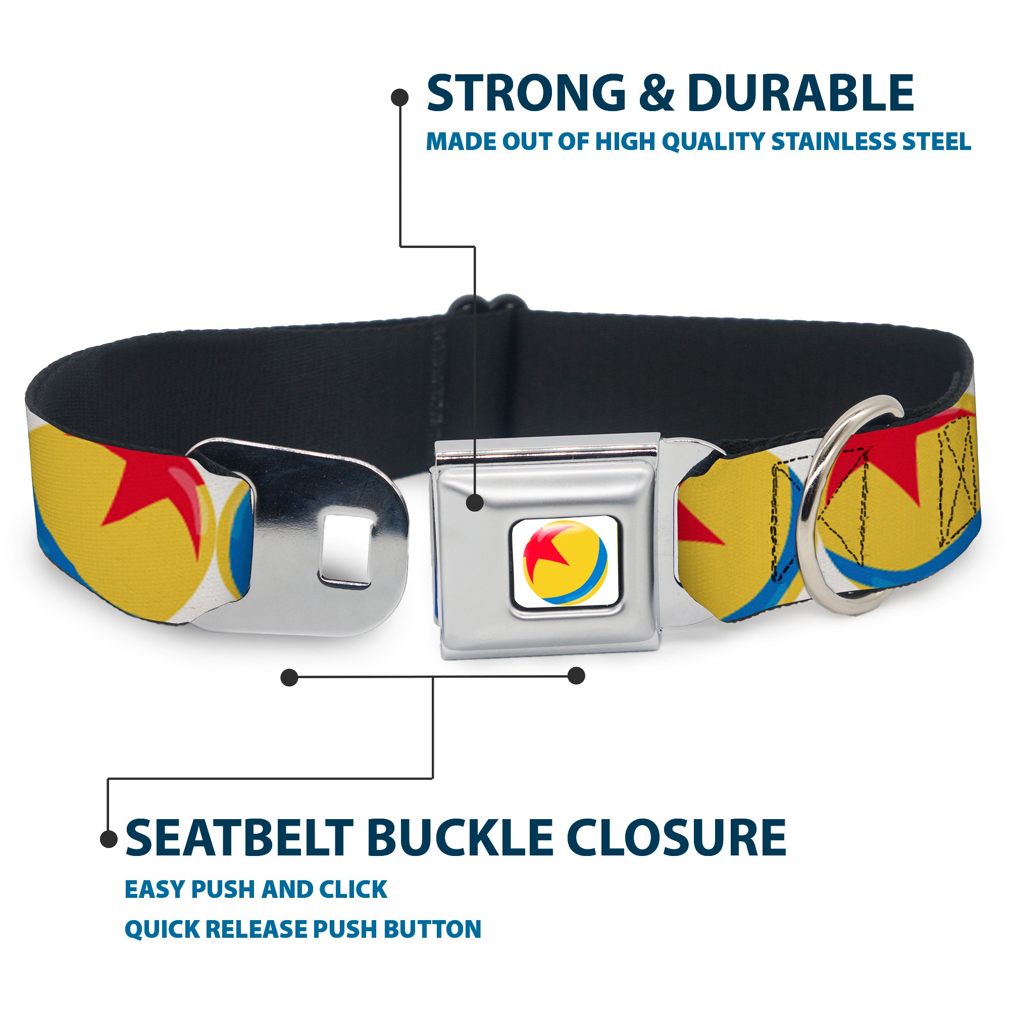 Disney Pixar Luxo Ball Full Color White/Yellow/Blue/Red Seatbelt Buckle Collar - Disney Pixar Luxo Ball Repeat White/Yellow/Blue/Red Seatbelt Buckle Collars Disney