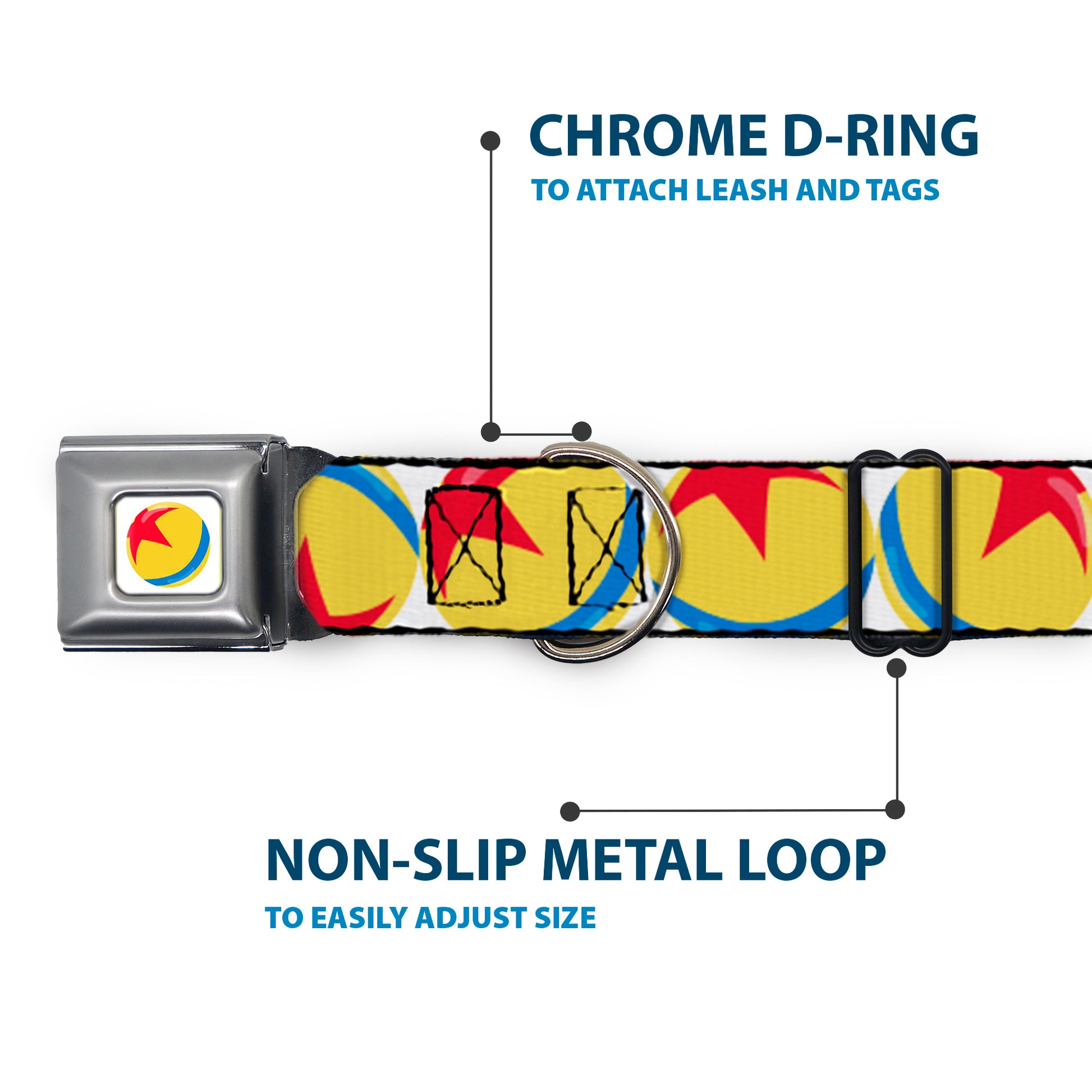 Disney Pixar Luxo Ball Full Color White/Yellow/Blue/Red Seatbelt Buckle Collar - Disney Pixar Luxo Ball Repeat White/Yellow/Blue/Red Seatbelt Buckle Collars Disney
