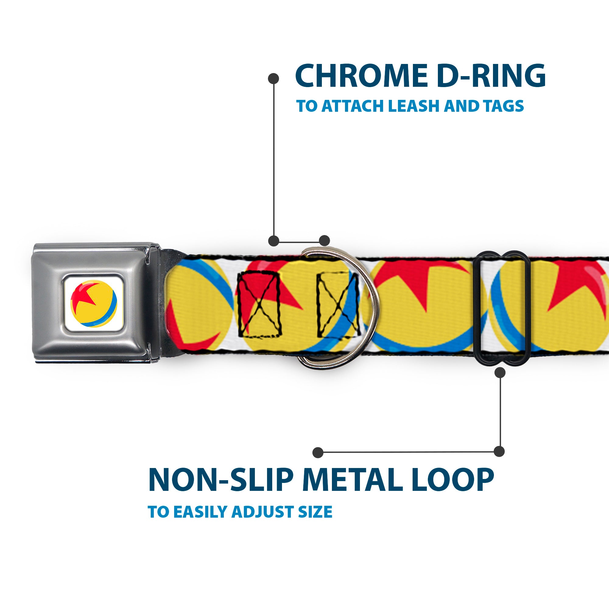 Disney Pixar Luxo Ball Full Color White/Yellow/Blue/Red Seatbelt Buckle Collar - Disney Pixar Luxo Ball Repeat White/Yellow/Blue/Red Seatbelt Buckle Collars Disney