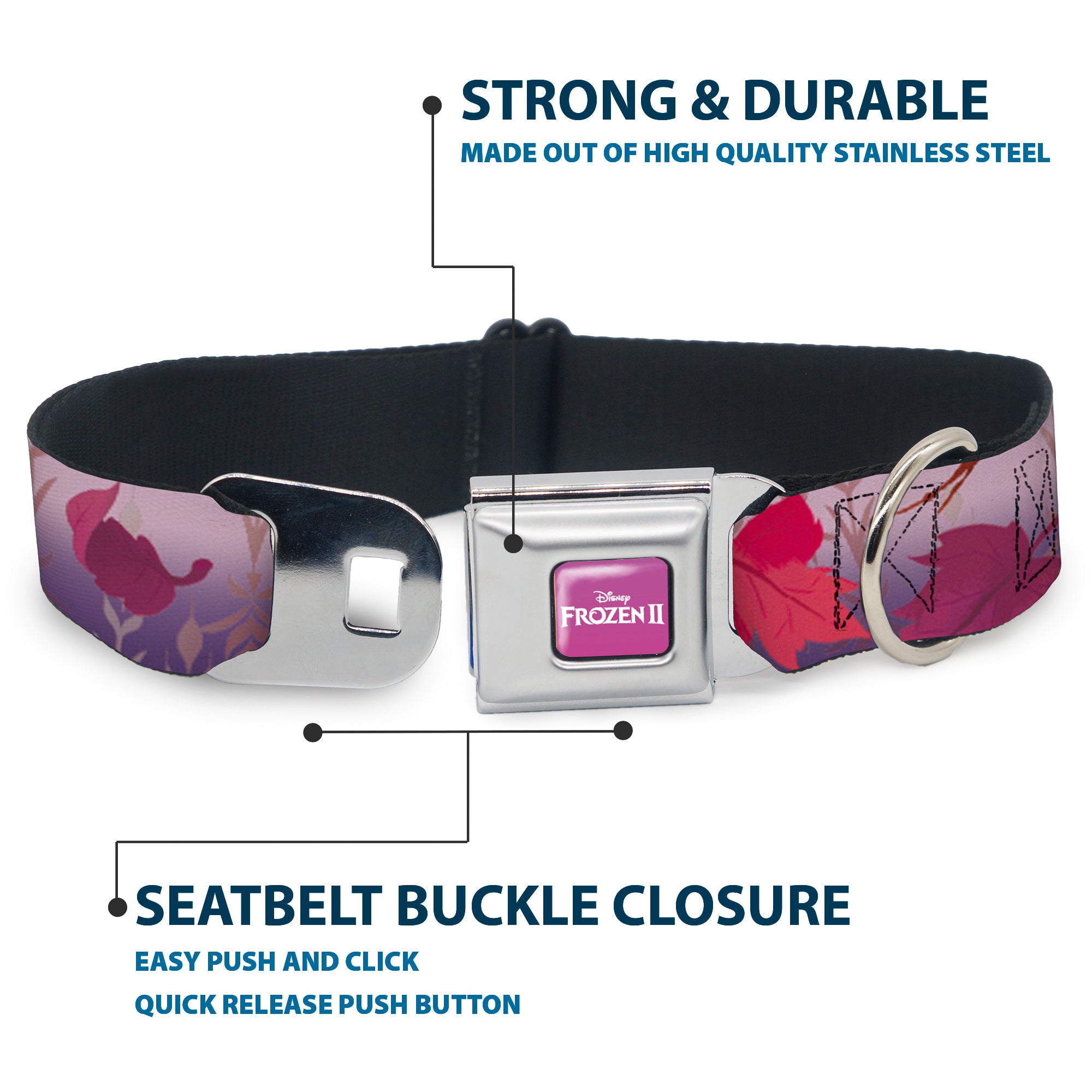 Disney FROZEN II Logo Full Color Purple/White Seatbelt Buckle Collar - Frozen II Swirling Leaves/Floral Trim Purples/Reds Seatbelt Buckle Collars Disney