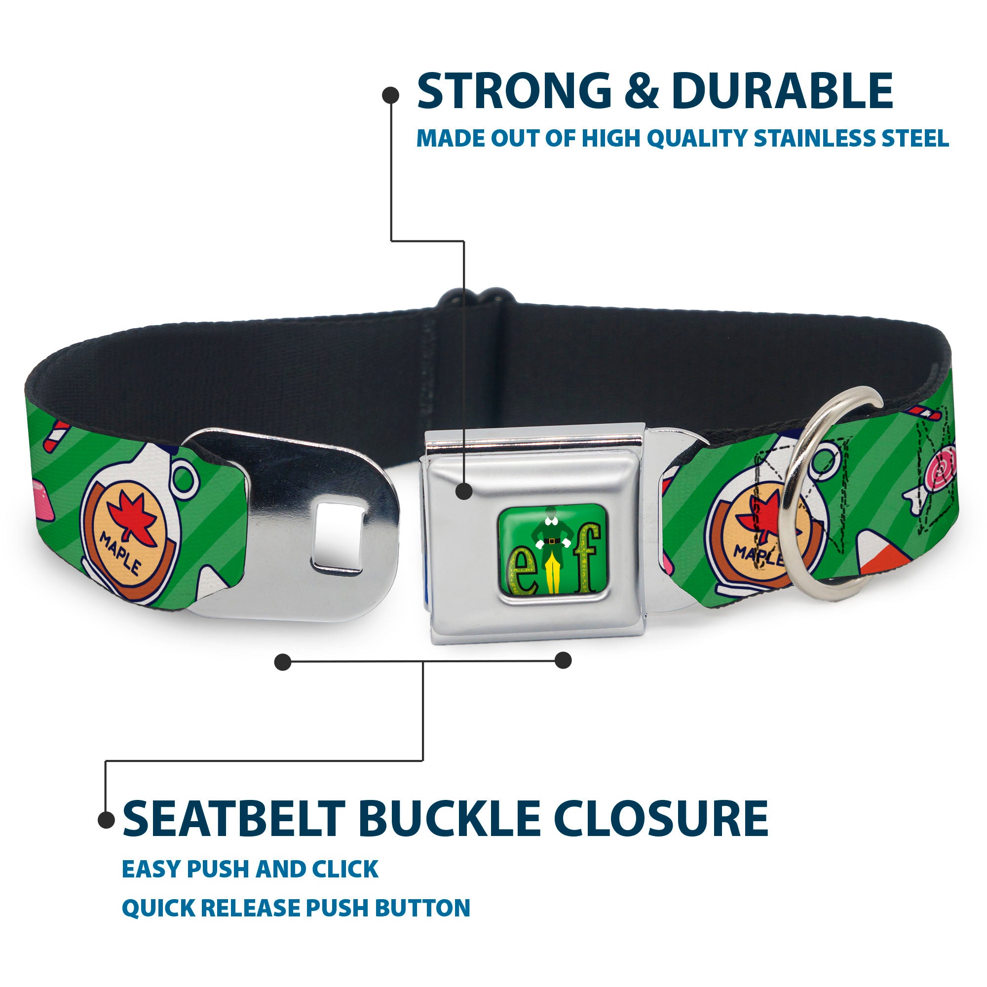 Buddy the ELF Title Logo Full Color Green Seatbelt Buckle Collar - Elf Sweets Icons Scattered Stripe Greens Seatbelt Buckle Collars Elf