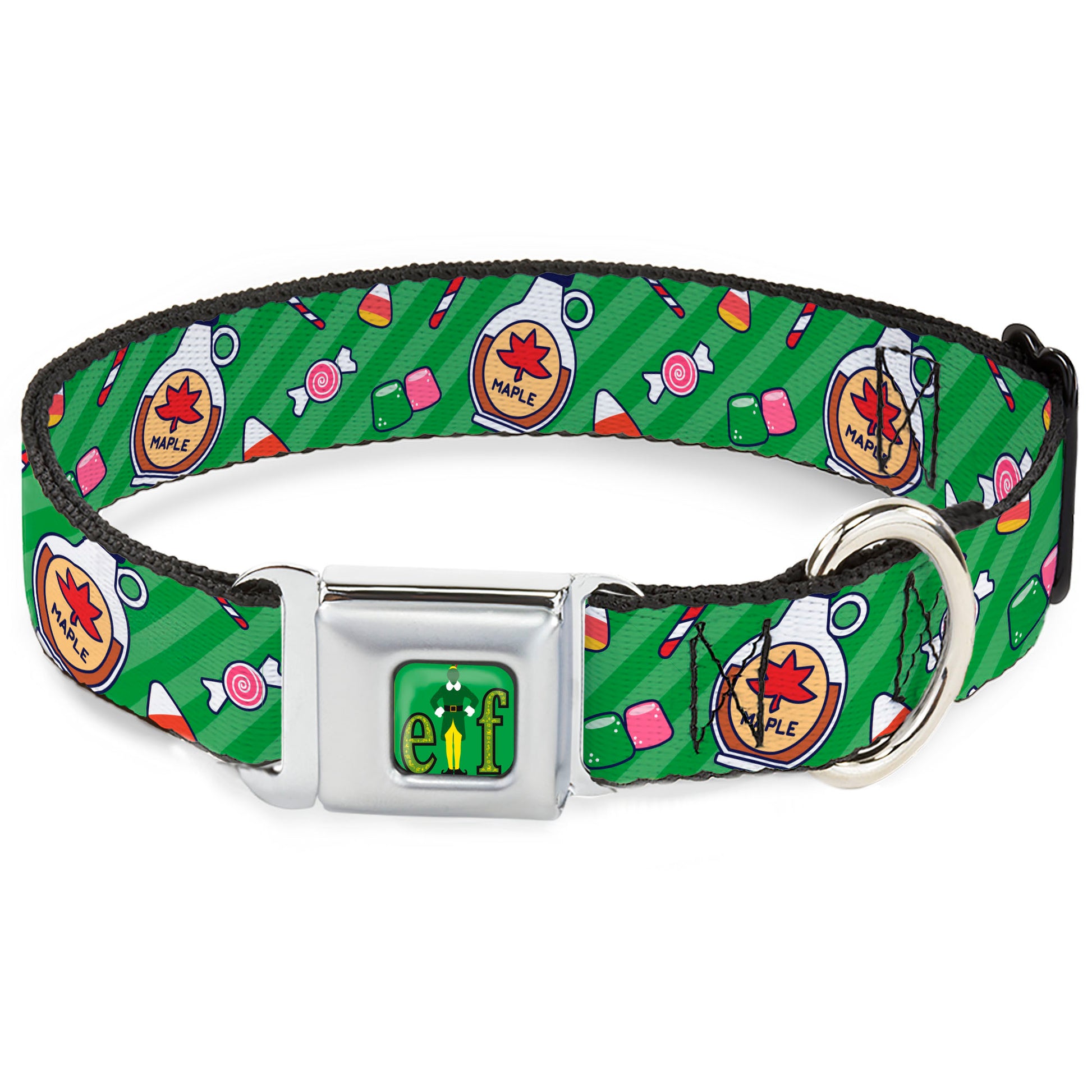 Buddy the ELF Title Logo Full Color Green Seatbelt Buckle Collar - Elf Sweets Icons Scattered Stripe Greens Seatbelt Buckle Collars Elf