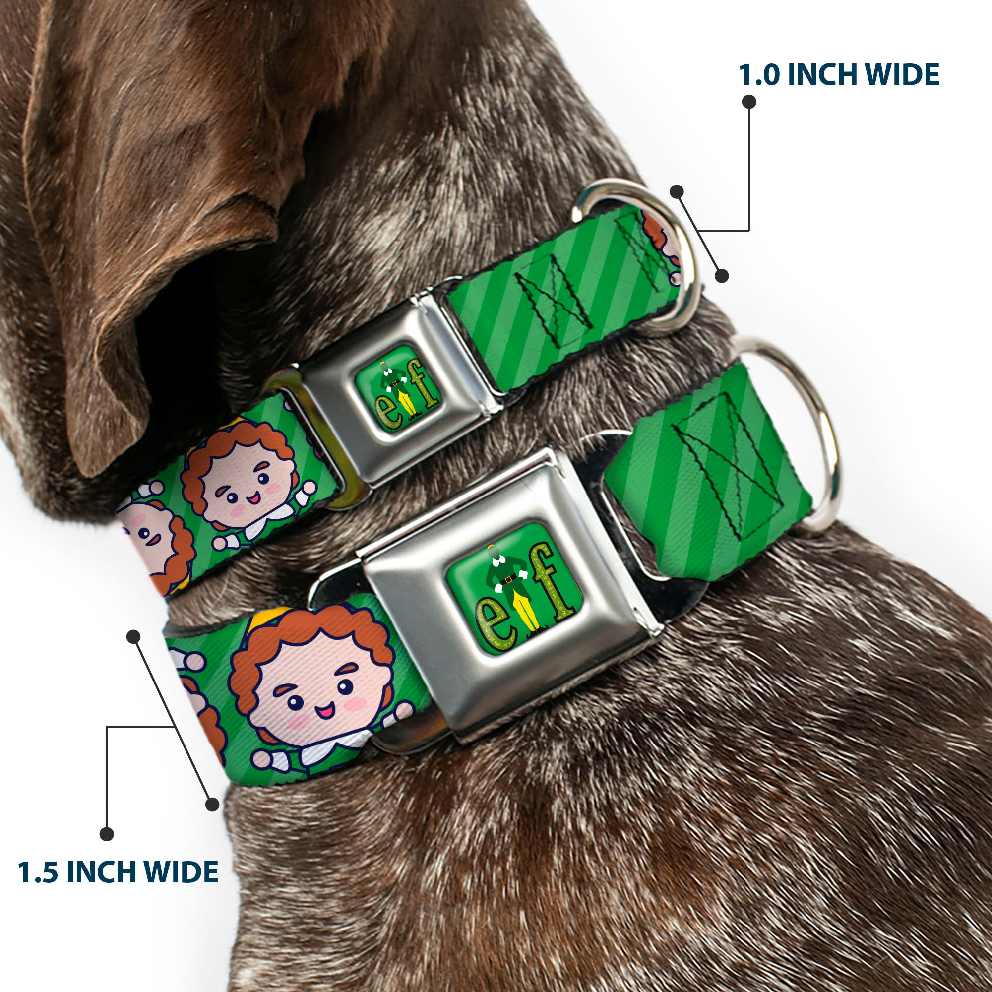 Buddy the ELF Title Logo Full Color Green Seatbelt Buckle Collar - Elf Chibi Buddy Face Flip Stripe Greens Seatbelt Buckle Collars Elf