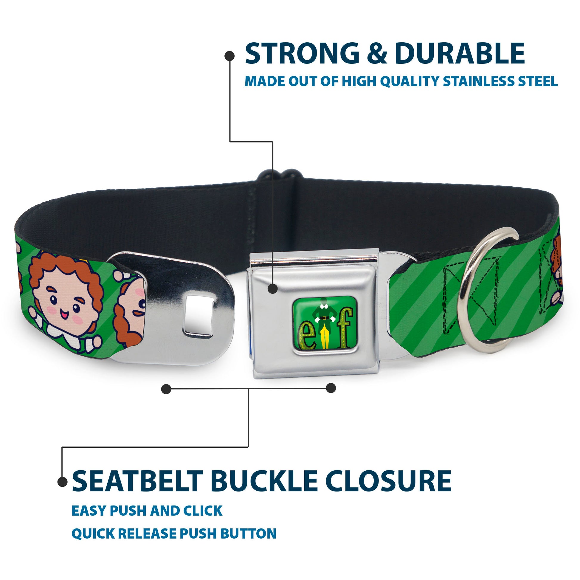 Buddy the ELF Title Logo Full Color Green Seatbelt Buckle Collar - Elf Chibi Buddy Face Flip Stripe Greens Seatbelt Buckle Collars Elf