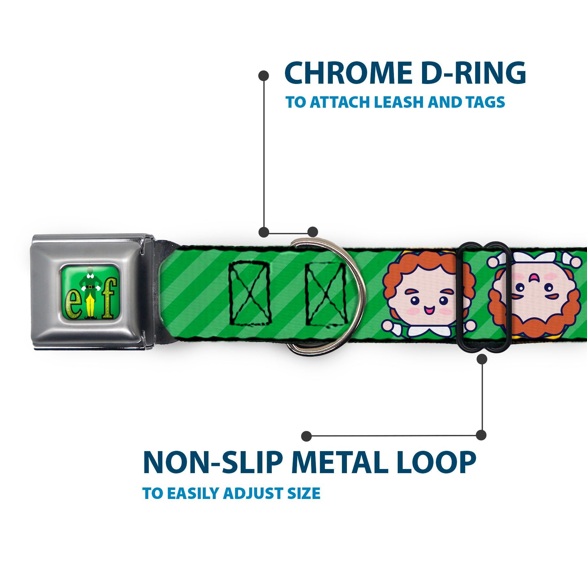 Buddy the ELF Title Logo Full Color Green Seatbelt Buckle Collar - Elf Chibi Buddy Face Flip Stripe Greens Seatbelt Buckle Collars Elf