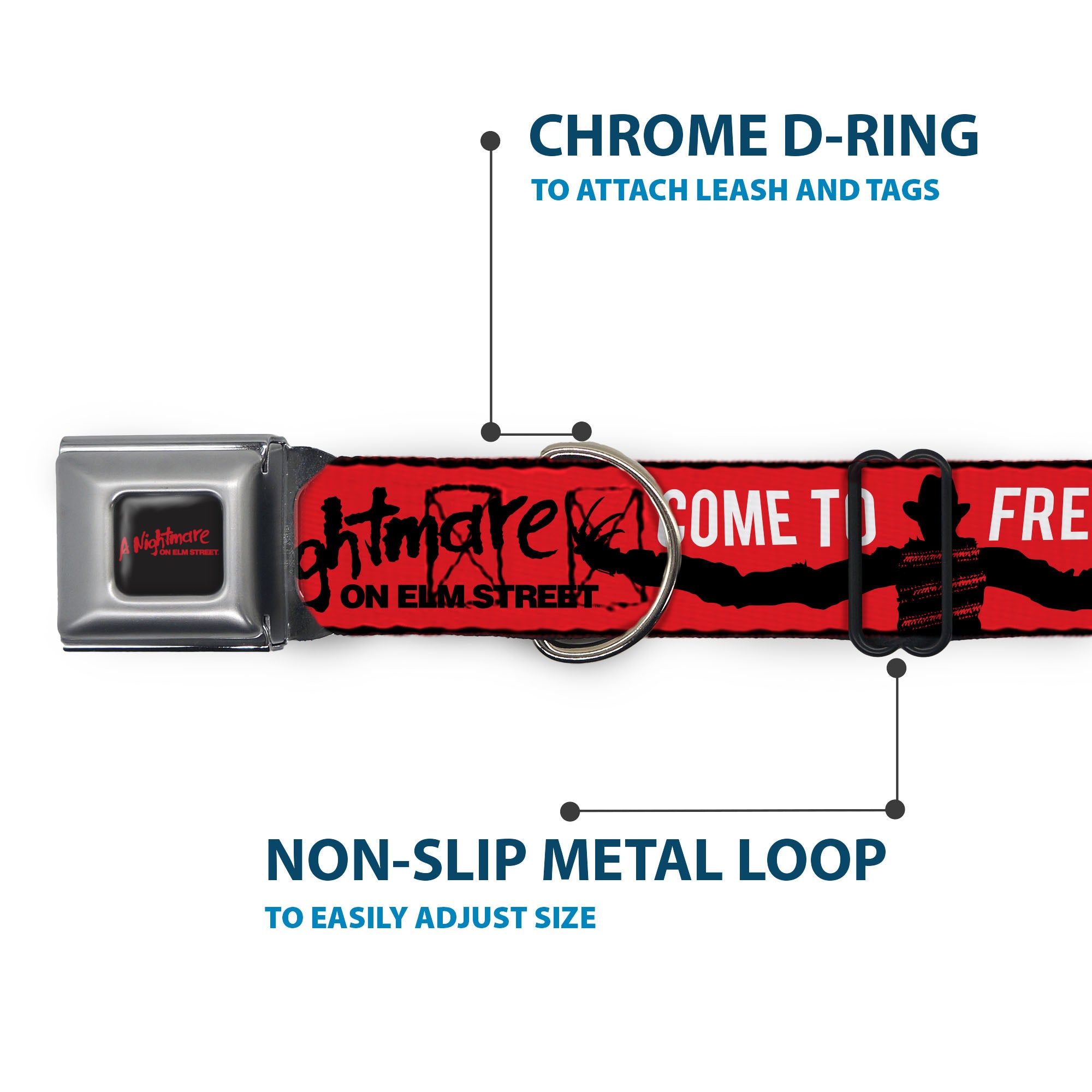 A NIGHTMARE ON ELM STREET Title Logo Full Color Black/Red Seatbelt Buckle Collar - A NIGHTMARE ON ELM ST COME TO FREDDY Long Arms Silhouette Red/Black Seatbelt Buckle Collars A Nightmare on Elm Street