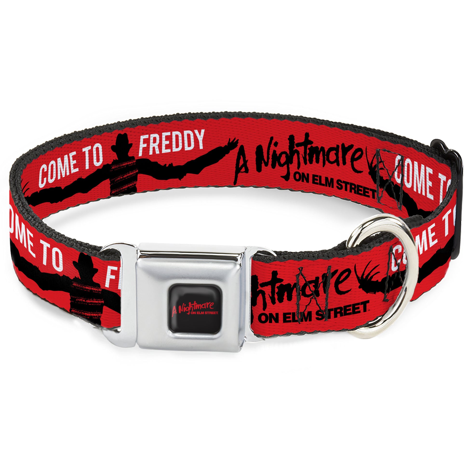 A NIGHTMARE ON ELM STREET Title Logo Full Color Black/Red Seatbelt Buckle Collar - A NIGHTMARE ON ELM ST COME TO FREDDY Long Arms Silhouette Red/Black Seatbelt Buckle Collars A Nightmare on Elm Street